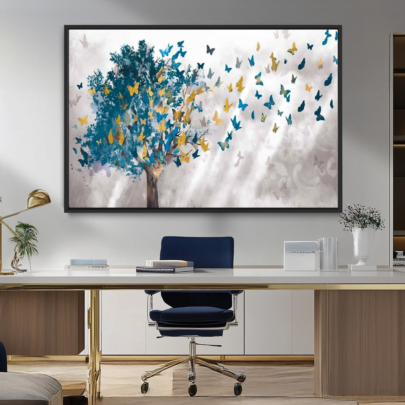37564-MGV-FC-36X24_Black-Butterfly Tree Wall Art – Modern Nature Canvas Print with Blue and Golden Butterflies, Elegant Decorative Painting for Living Room
