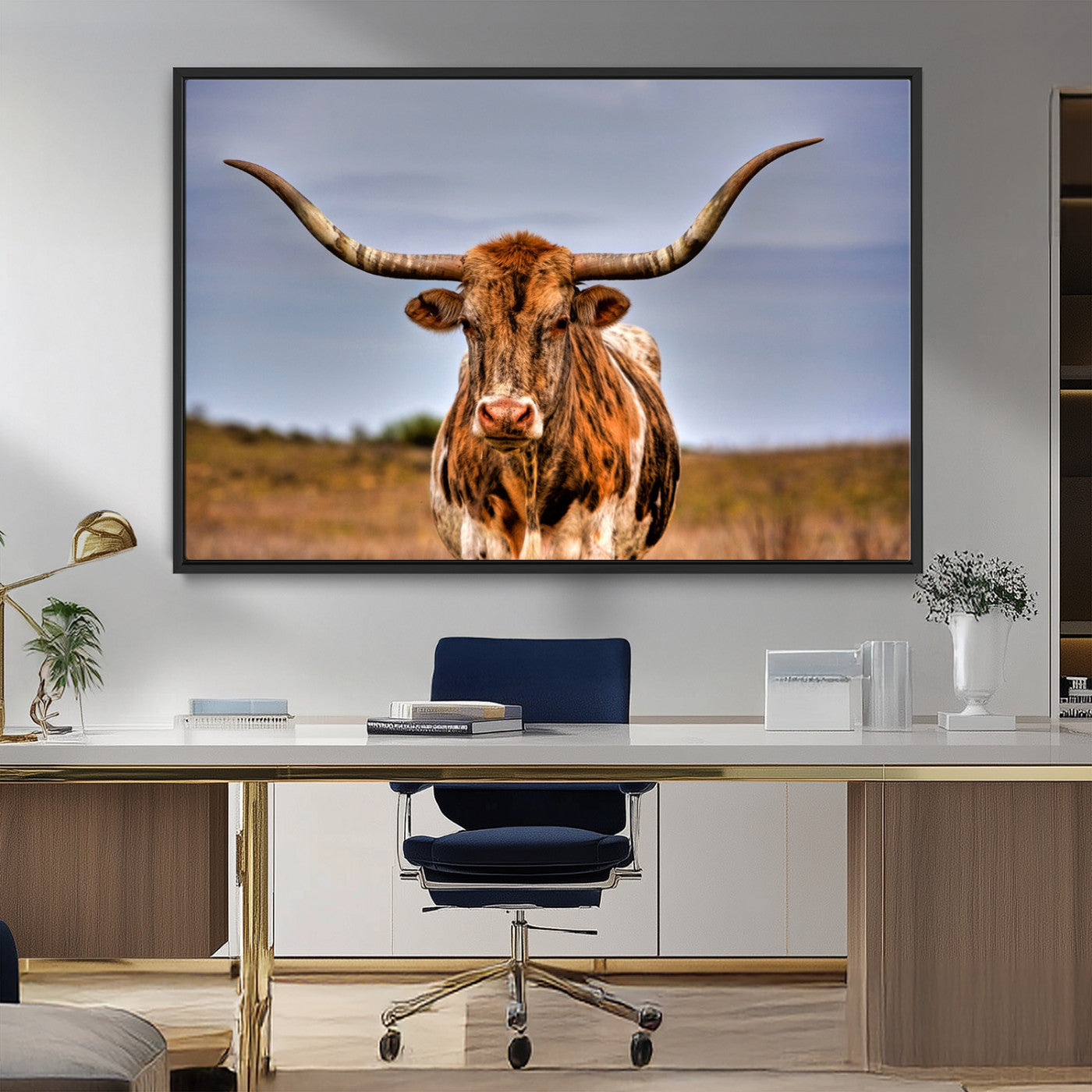 18594-MGV-FC-36X24_Black-Texas Longhorn Bull Wall Art – Rustic Western Cattle Canvas Print, Country Farmhouse Decor for Living Room, Office or Cabin
