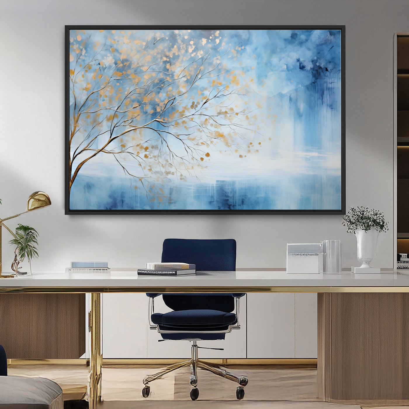 23891-MGV-FC-36X24_Black-Abstract Tree Wall Art – Minimalist Blue and Gold Canvas Painting, Elegant Nature-Inspired Artwork for Living Room, Bedroom or
