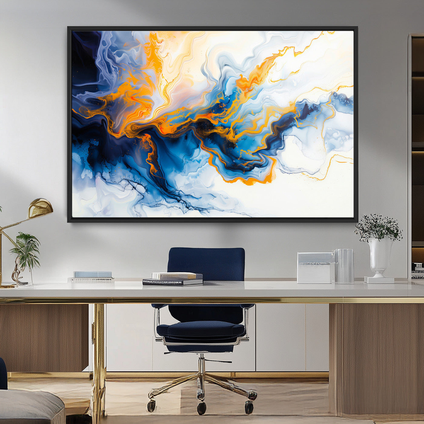 83720-MGV-FC-36X24_Black-Abstract Fluid Wall Art – Blue, White and Gold Swirl Canvas Painting, Modern Contemporary Artwork for Living Room, Bedroom or