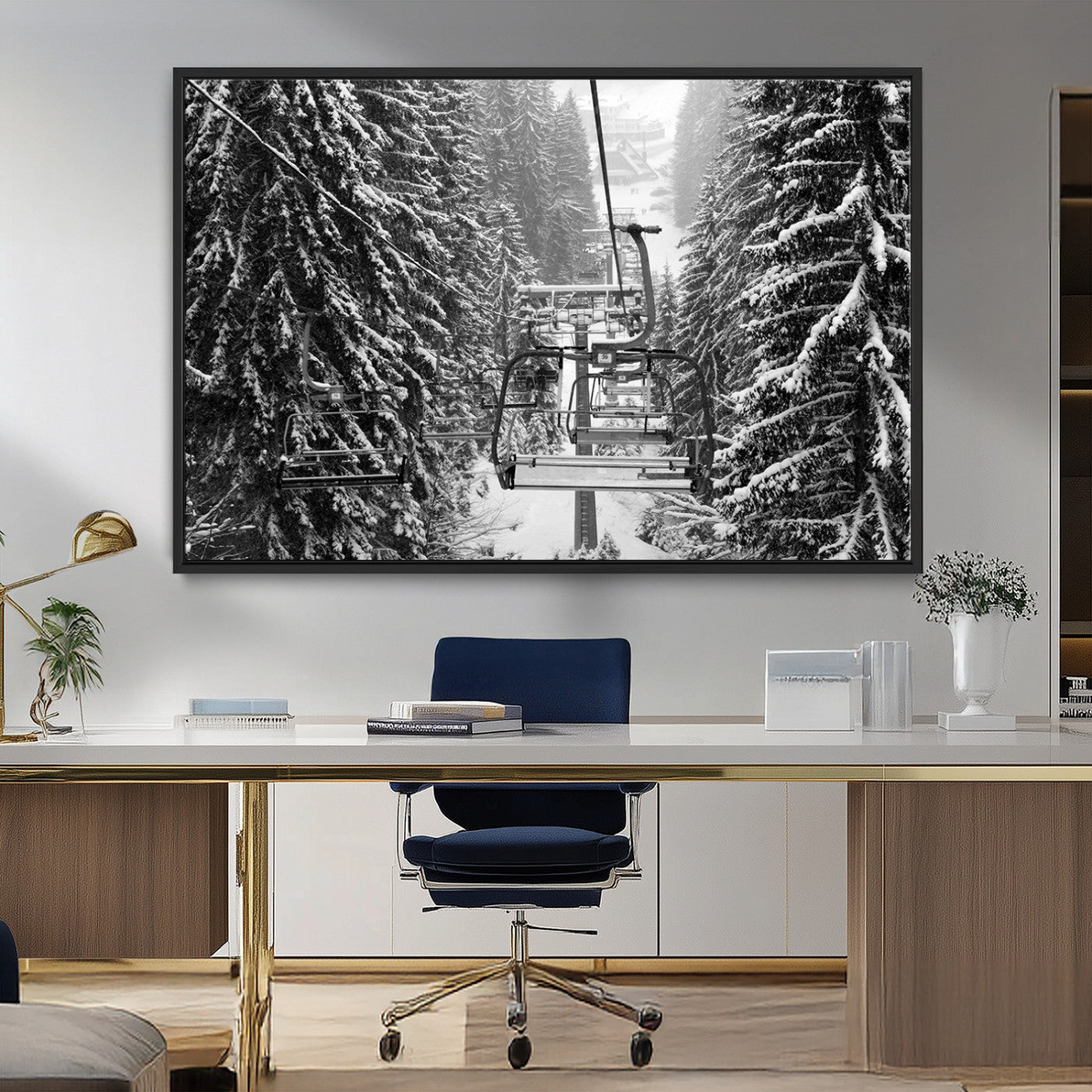 19240-MGV-FC-36X24_Black-Ski Lift Wall Art – Black and White Winter Mountain Canvas Print, Snowy Forest Ski Resort Photography for Cabin, Lodge, Office or