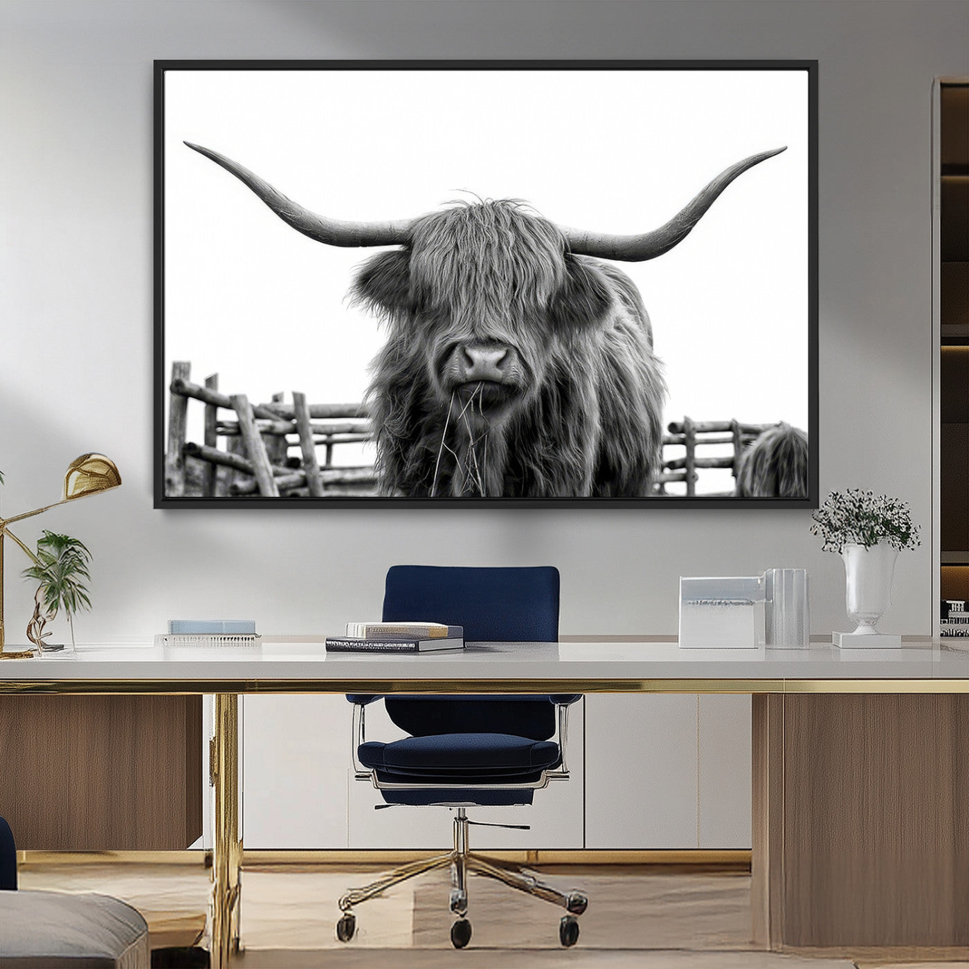 58188-MGV-FC-36X24_Black-Highland Cow Wall Art – Black and White Rustic Farmhouse Canvas Print, Longhorn Cattle Photography Decor for Living Room or