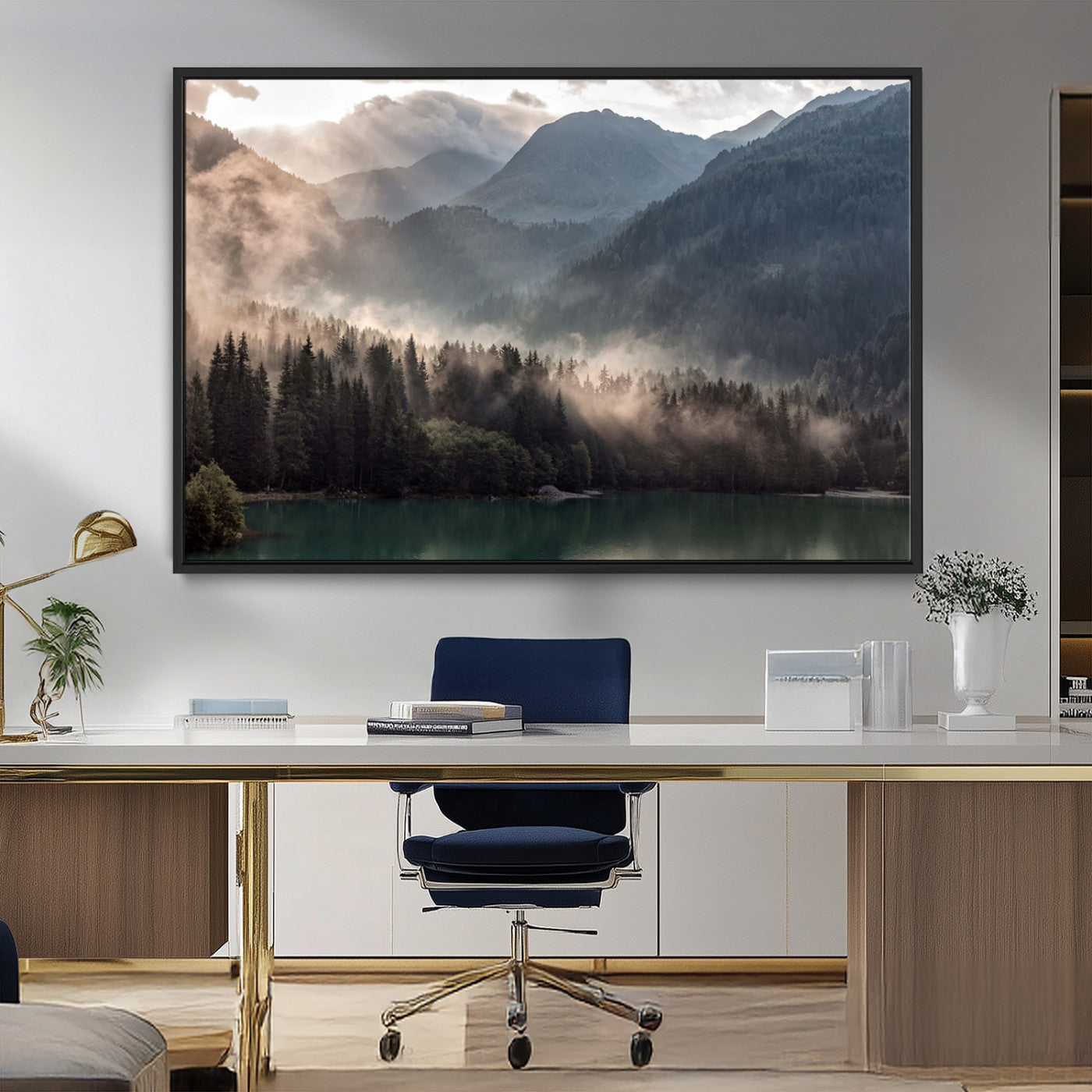 61116-MGV-FC-36X24_Black-Misty Mountain Lake Wall Art – Tranquil Foggy Forest and Lake Canvas Print, Scenic Nature Landscape Decor for Living Room or