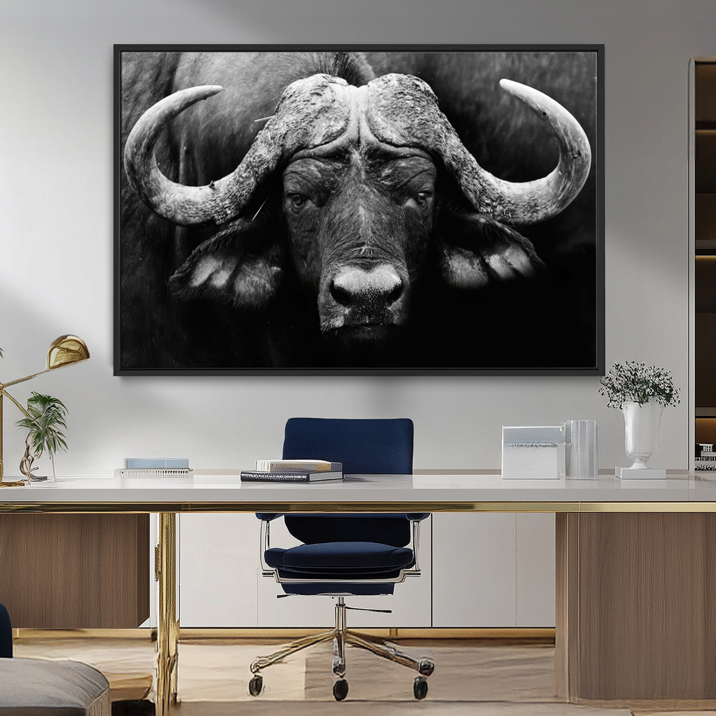 75273-MGV-FC-36X24_Black-Buffalo Wall Art – Black and White African Buffalo Canvas Print, Rustic Wildlife Animal Artwork for Farmhouse, Living Room,
