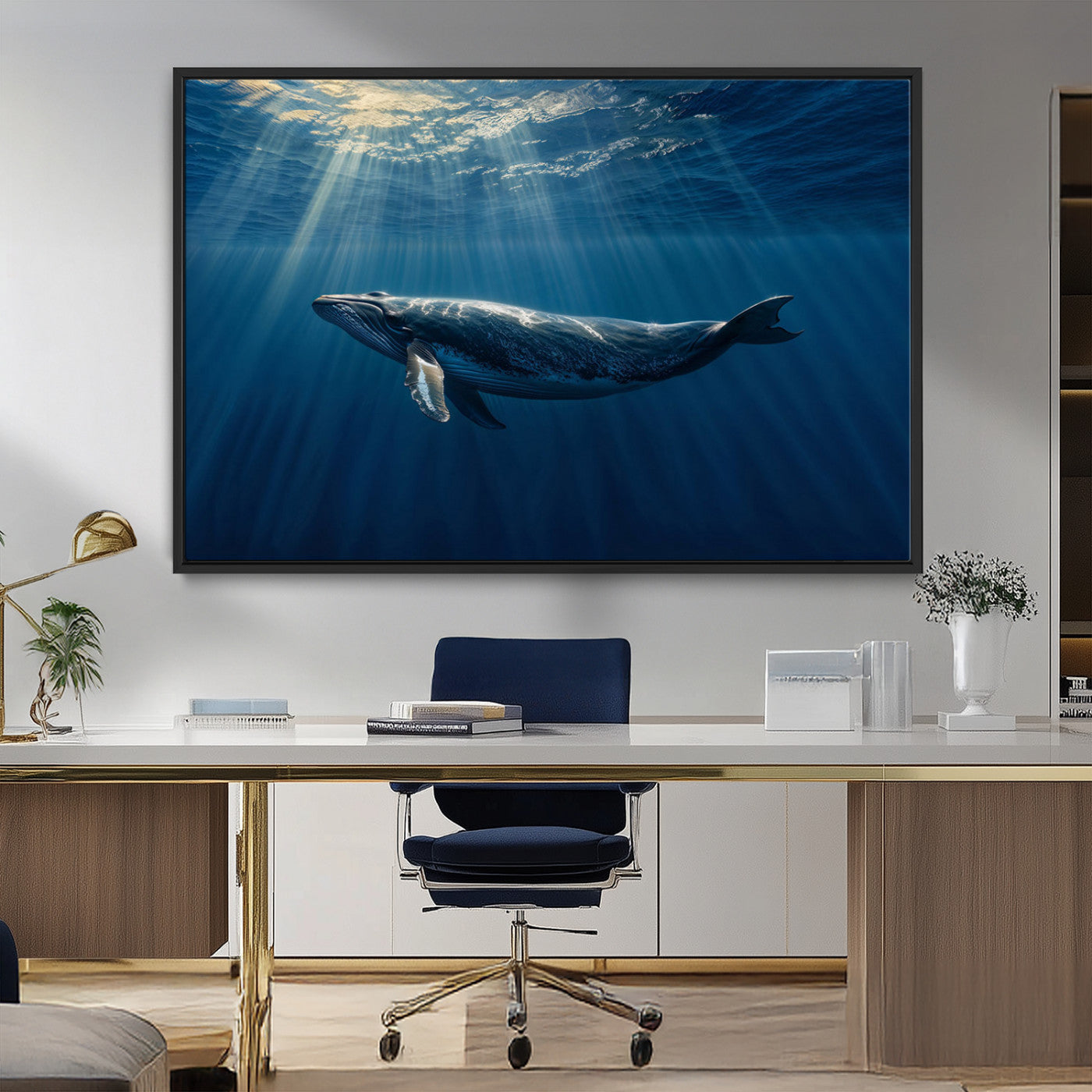 18052-MGV-CV-36X24-Whale Wall Art – Majestic Ocean Canvas Print Marine Life Underwater Sunlight Scene, Nautical Coastal Decor for Living Room,