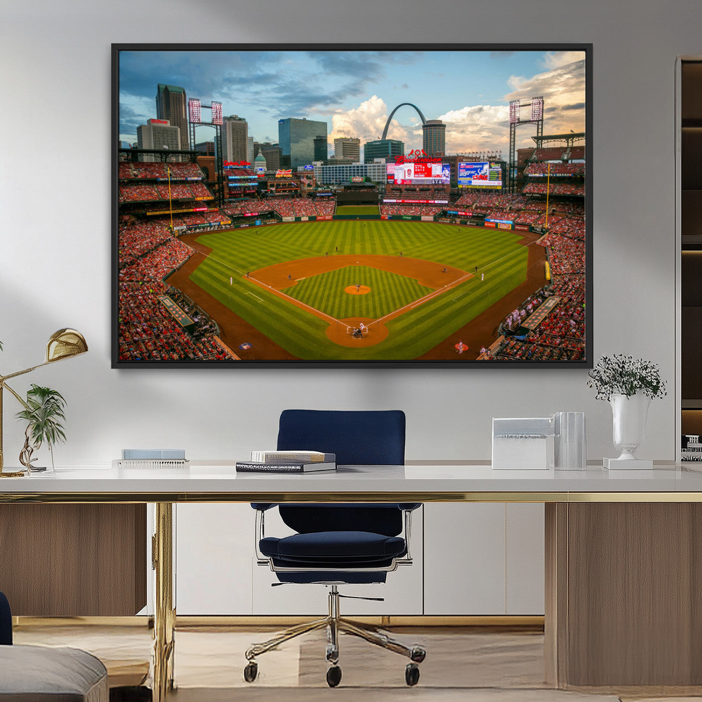 91908-MGV-CV-36X24-Baseball Stadium Wall Art – Canvas Print Game Day Field City Skyline Iconic Arch Scene Sports Photography, Decor for Game Room,