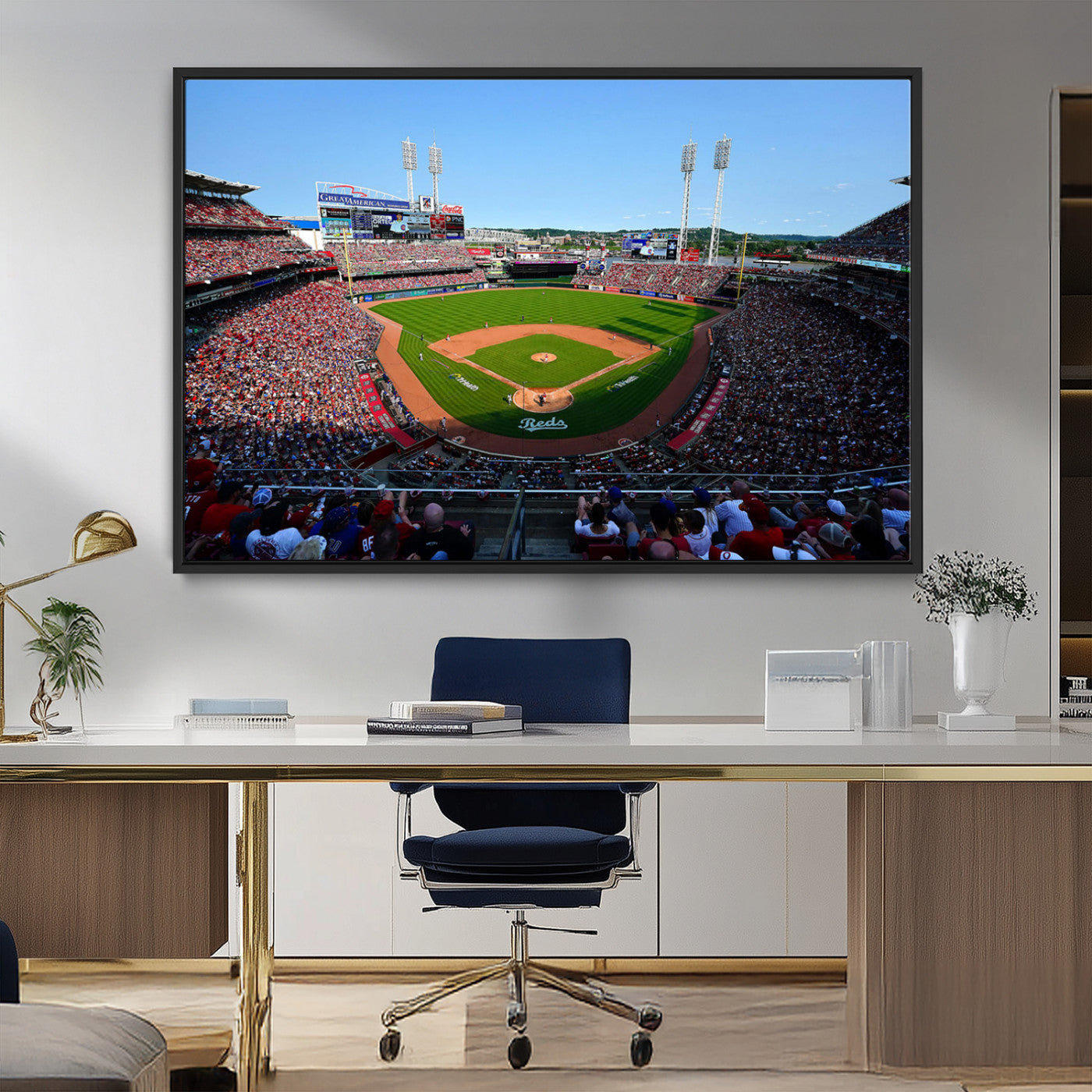 90998-MGV-FC-36X24_Black-Baseball Stadium Wall Art – Canvas Print Day Game Field Packed Crowd Bright Blue Sky Sports Photography, Classic Decor for Game