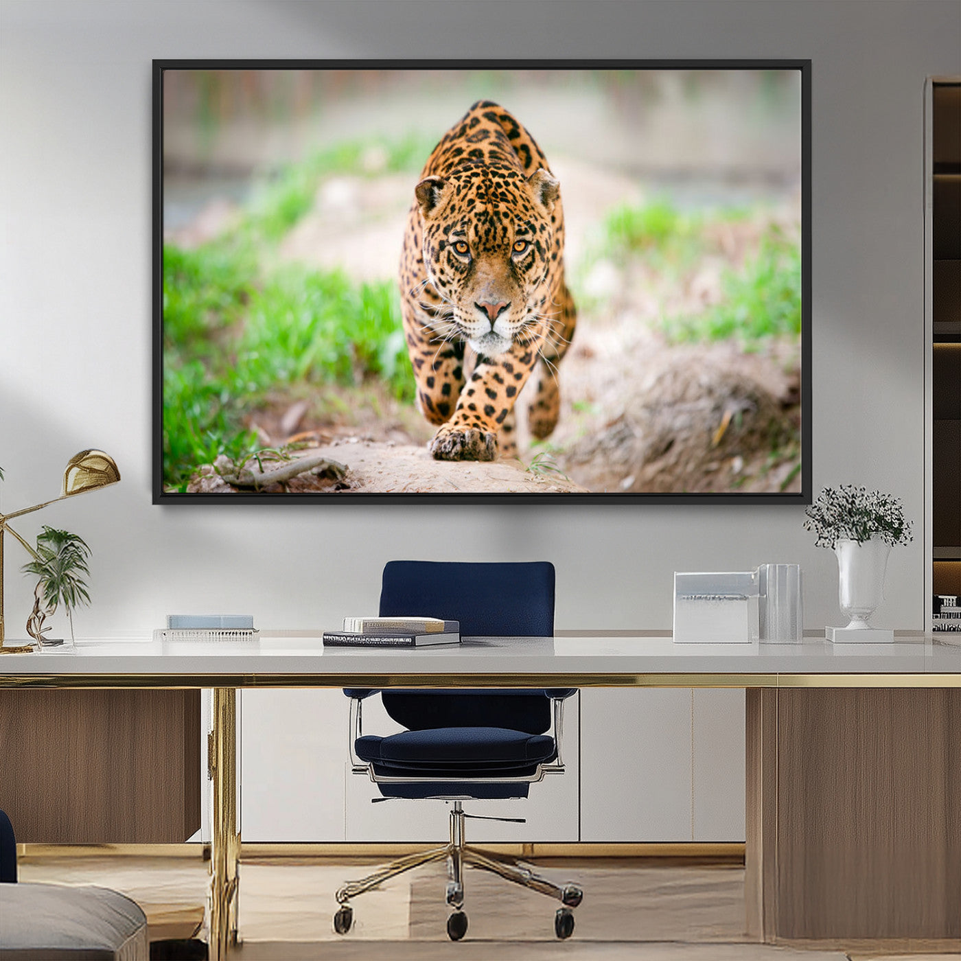 75066-MGV-FC-36X24_Black-Leopard Wall Art Canvas Print, Framed Wild Animal Art Picture Print, Blue Eye Leopard Perfect Wild Minimal Decor Artwork