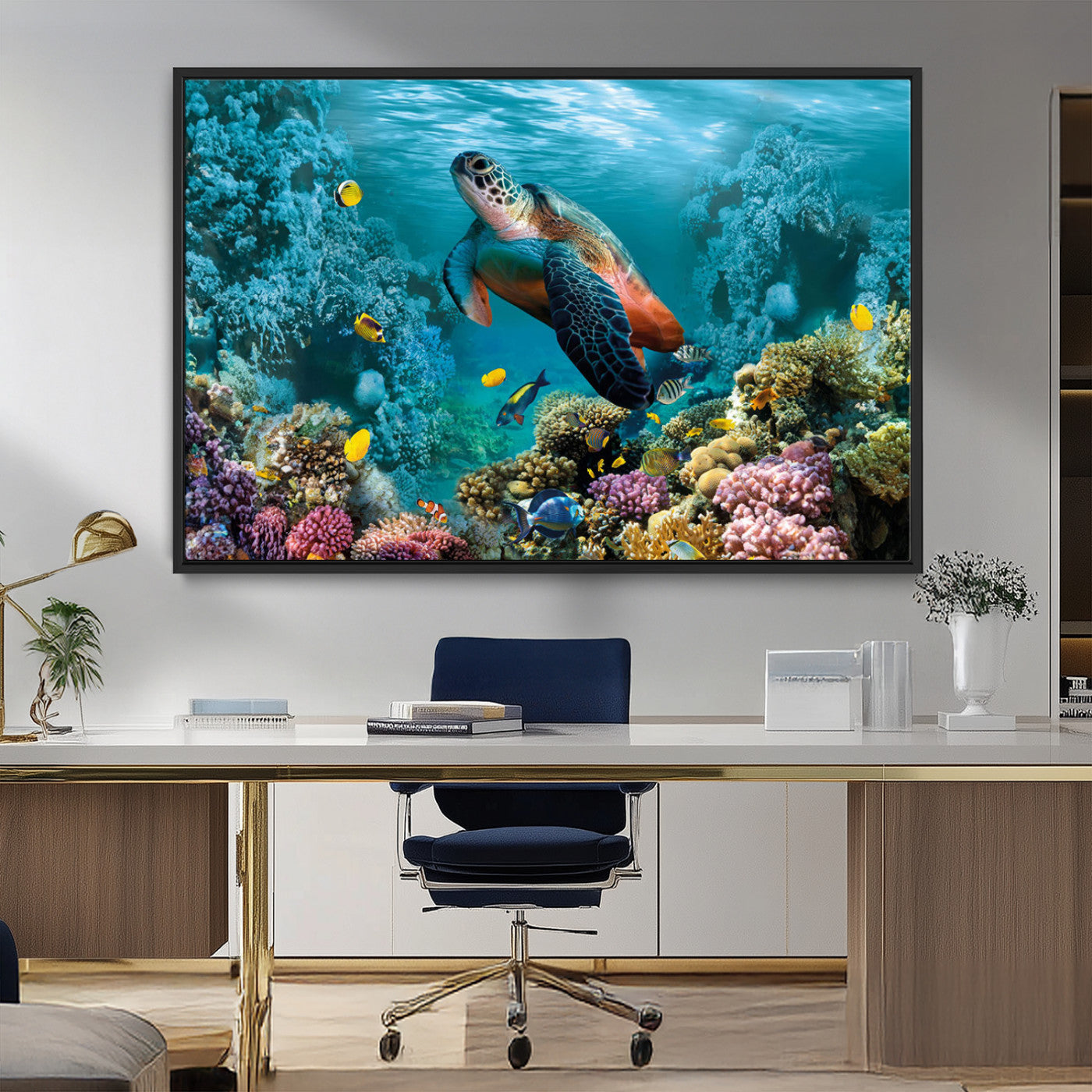 38661-MGV-CV-36X24-Sea Turtle Wall Art Canvas Print, Framed Ocean Wildlife Art Picture Print, Turtle Perfect Coastal Nature Decor Artwork