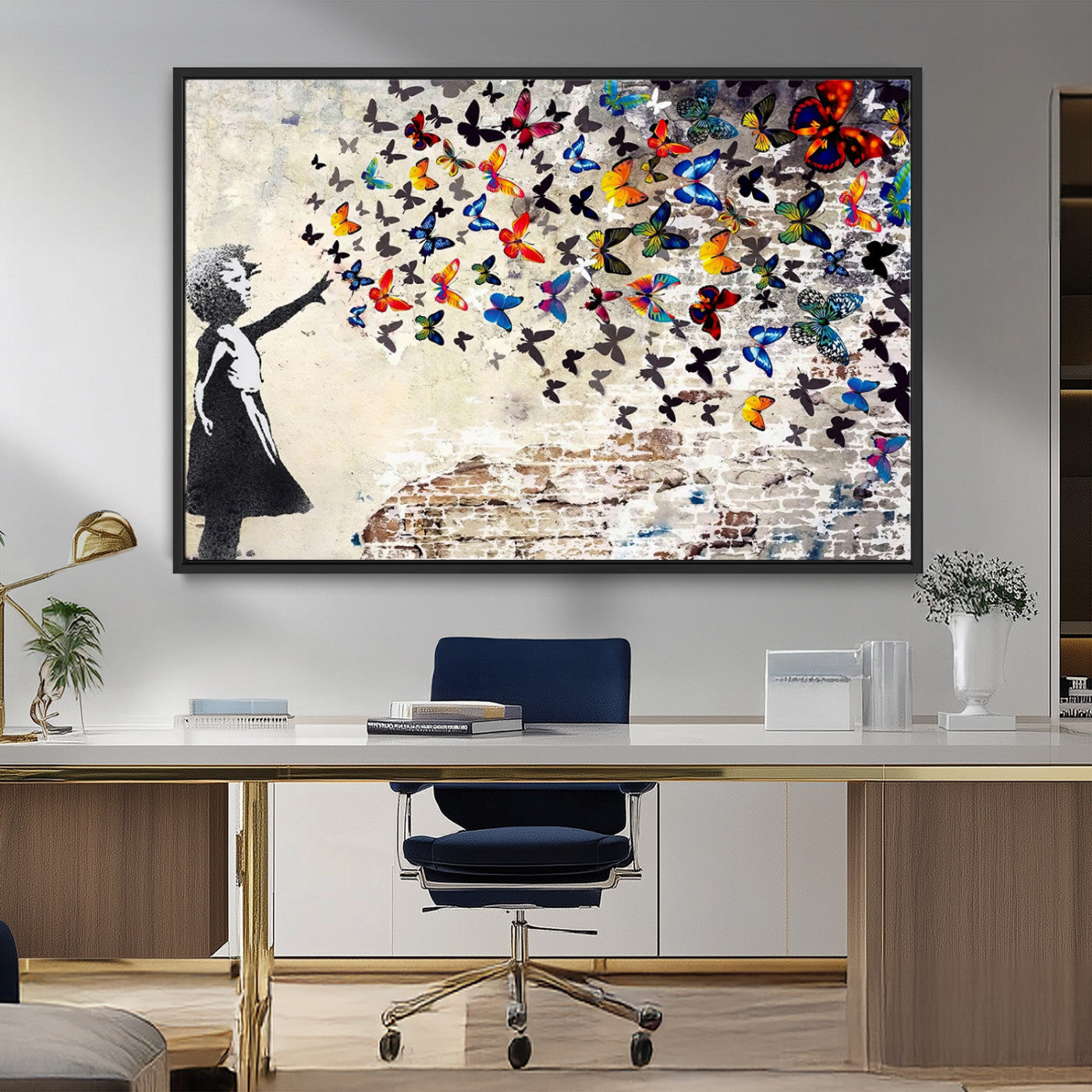 97895-MGV-CV-36X24-Girl with Butterflies Wall Art – Colorful Street Art Style Canvas Print, Modern Graffiti-Inspired Butterfly Artwork for Living