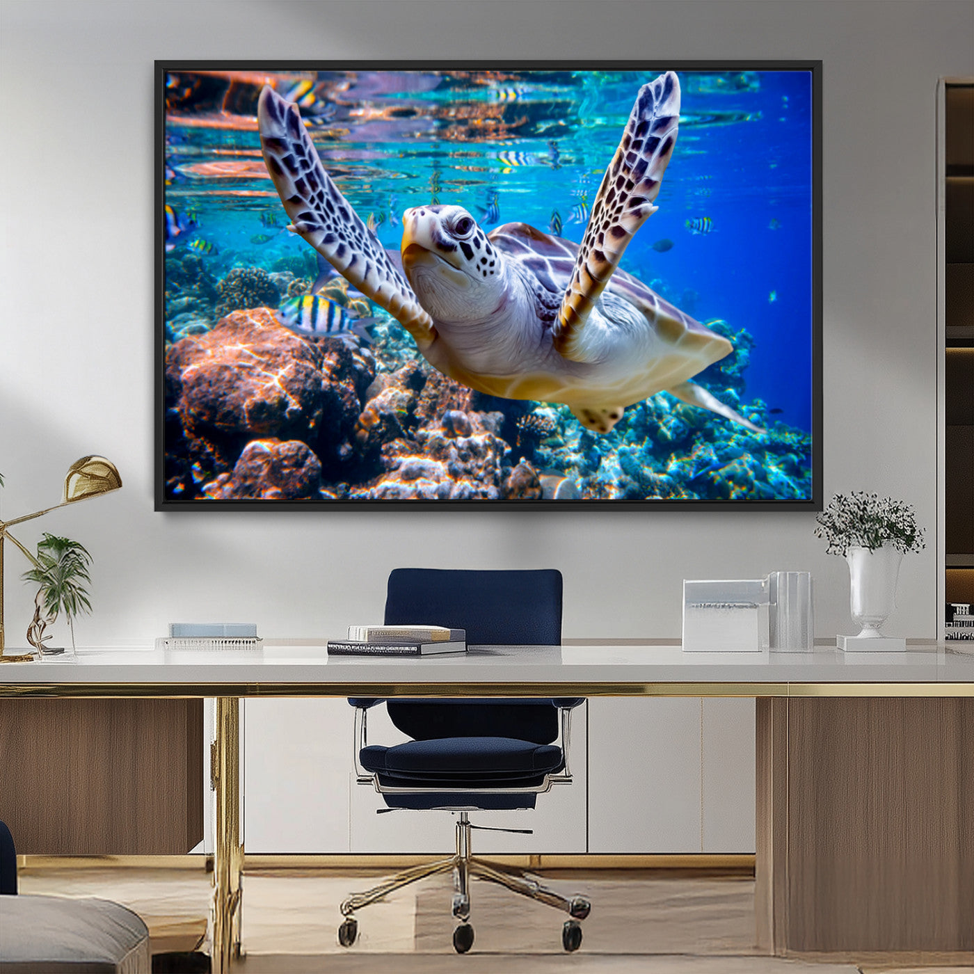 12683-MGV-FC-36X24_Black-Sea Turtle Wall Art – Graceful Ocean Canvas Print with Coral Reef and Tropical Fish, Coastal Marine Life Decor for Beach House,