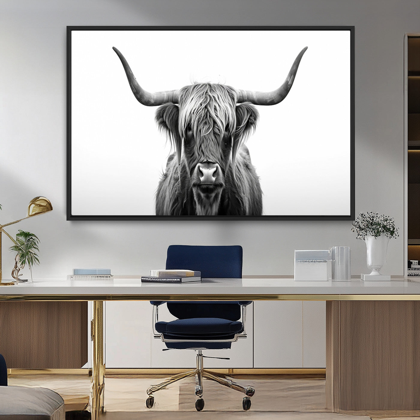 49556-MGV-FC-36X24_Black-Highland Cow Wall Art – Black and White Scottish Highland Cattle Print, Rustic Farmhouse Minimalist Animal Portrait Canvas for