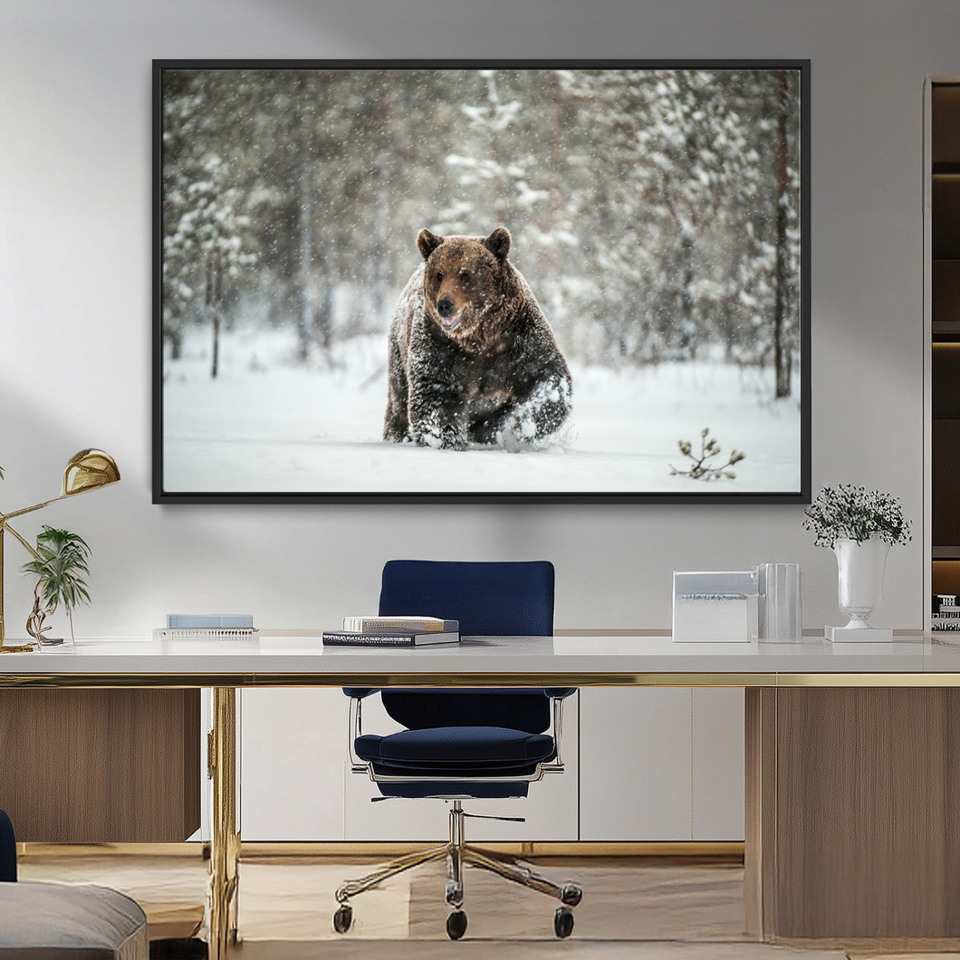 43350-MGV-FC-36X24_Black-Wild Bear in Snow Wall Art – Majestic Wildlife Photography Print, Winter Forest Nature Decor for Cabin, Lodge, Rustic Home,