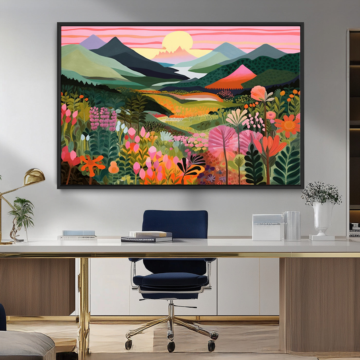 99638-MGV-CV-36X24-Sunset Meadow Wall Art – Panoramic Mountain Landscape with Wildflowers Canvas Print, Vibrant Nature Decor for Living Room, Bedroom