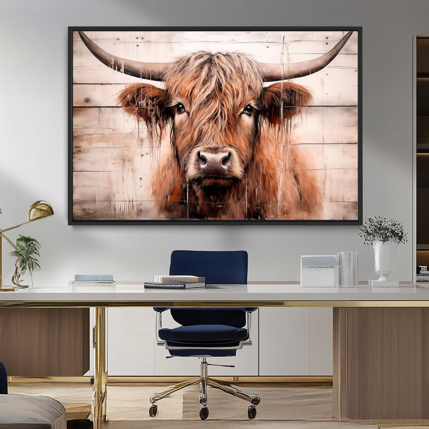 93730-MGV-CV-36X24-Scottish Cow Wall Art Canvas Print, Framed Longhorn Cow Art Picture Print, Highland Cattle Perfect Rustic Farmhouse Decor Artwork