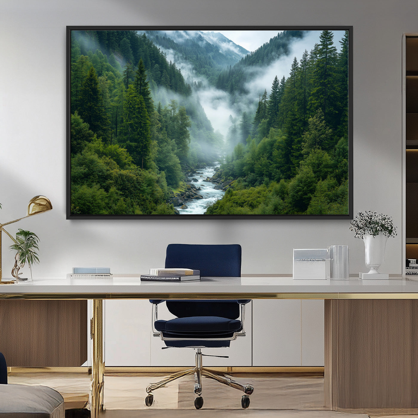 69453-MGV-CV-36X24-Mountain Forest Wall Art – Misty River and Evergreen Landscape Canvas Print, Nature Photography Poster for Living Room, Bedroom,