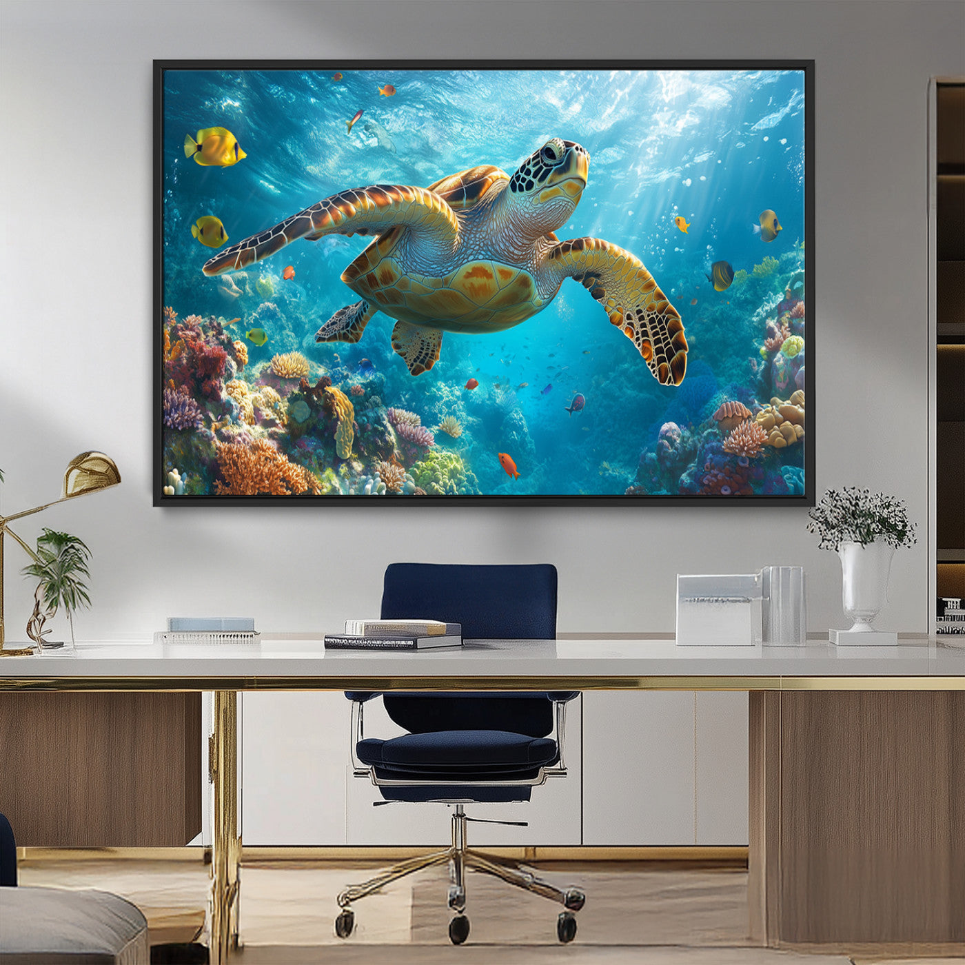 37623-MGV-FC-36X24_Black-Sea Turtle Wall Art – Underwater Ocean Canvas Print with Coral Reef and Tropical Fish, Marine Life Painting Poster for Living