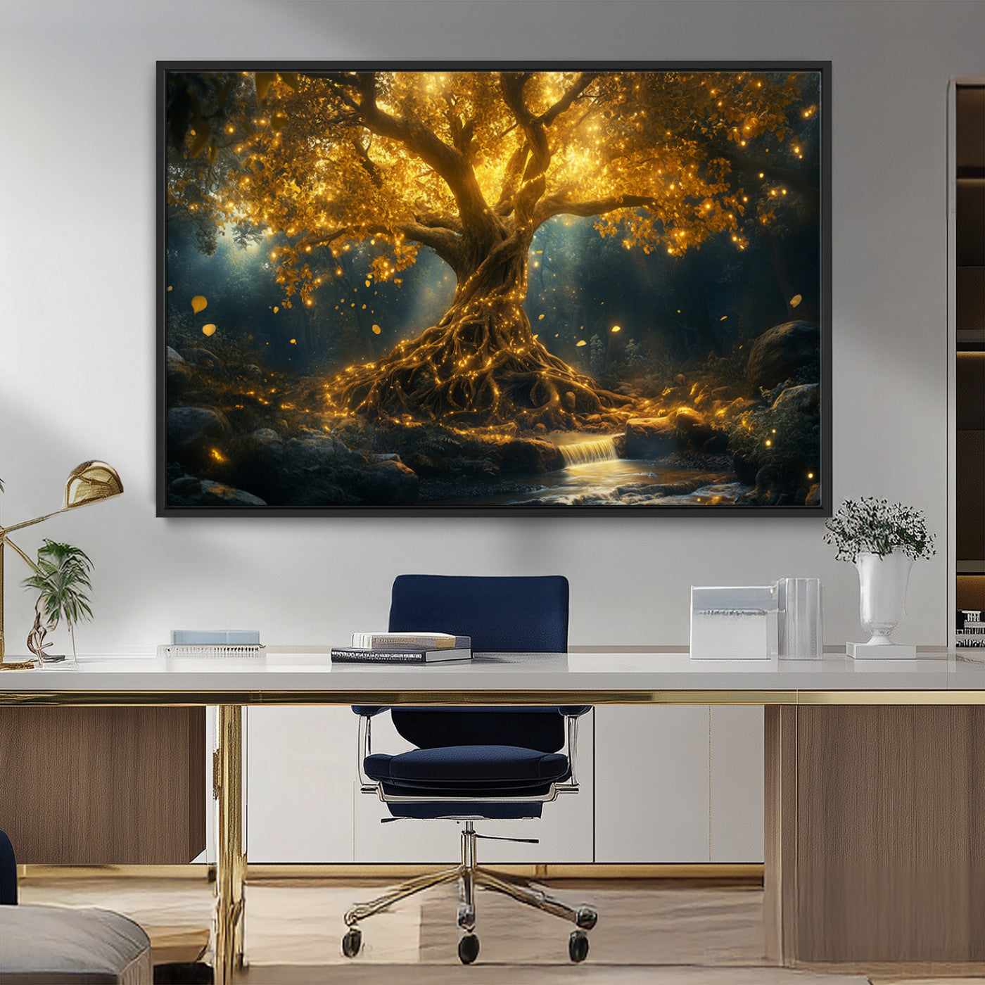 92739-MGV-FC-36X24_Black-Glowing Tree Wall Art – Enchanted Golden Forest Canvas Print, Mystical Illuminated Nature Painting Poster for Living Room,