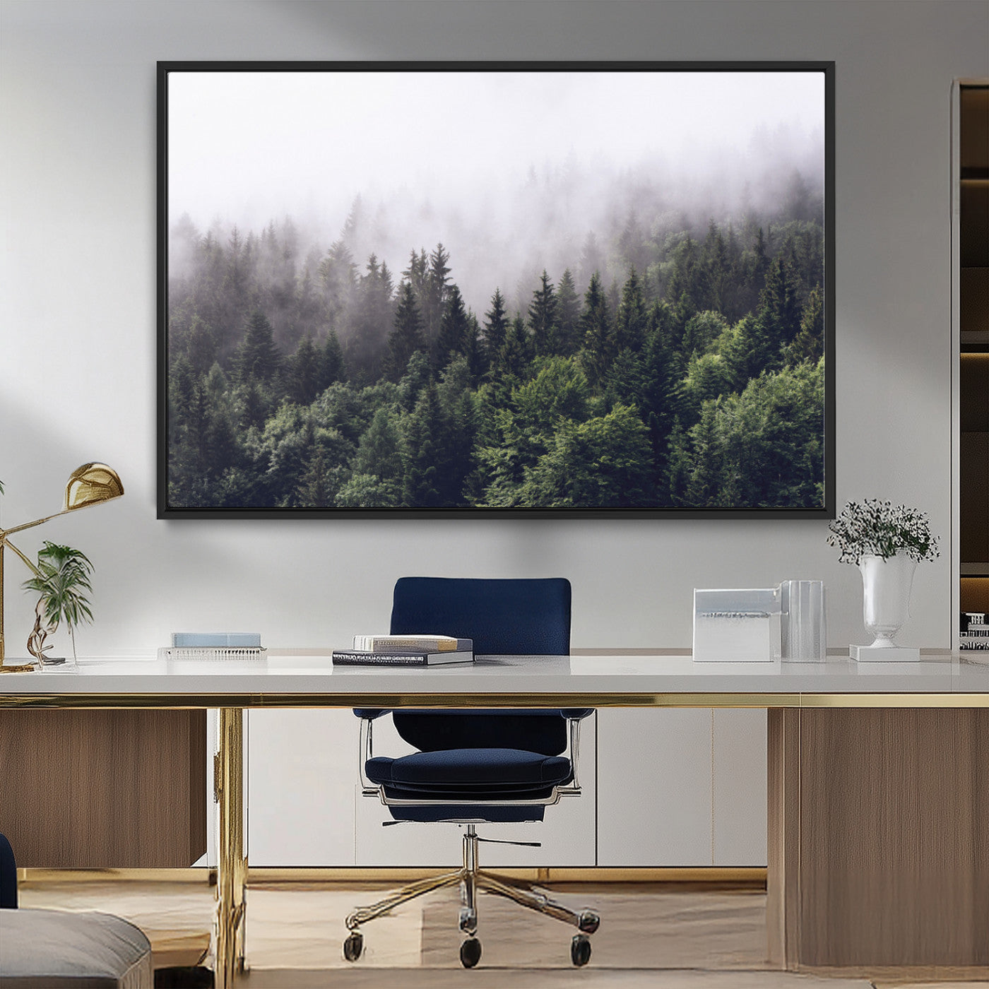 42578900-MGV-CV-36X24-Misty Pine Forest Wall Art – Tranquil Foggy Mountain Canvas Print, Nature Landscape Décor for Bedroom, Living Room, Cabin or