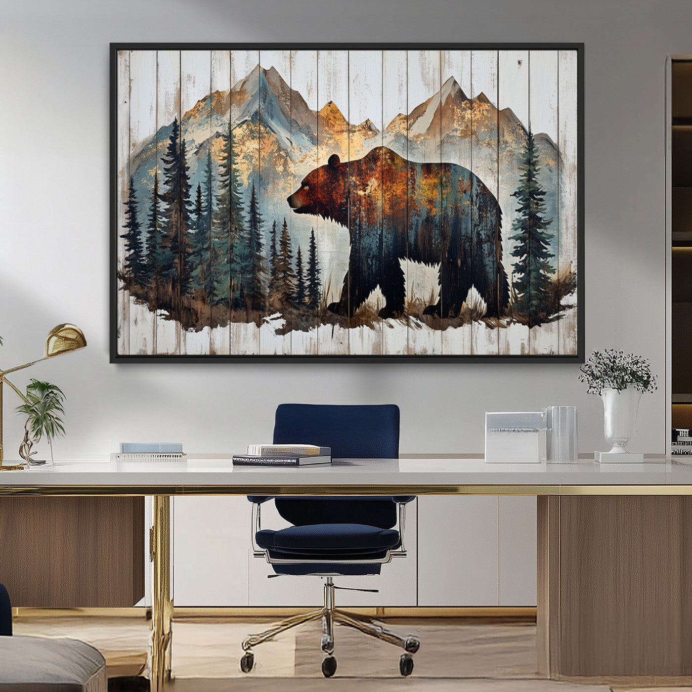 55777-MGV-CV-36X24-Rustic Bear Wall Art Canvas Print, Framed Mountain and Forest Art Picture Print, Wooden Bear Perfect Rustic Lodge Decor Artwork