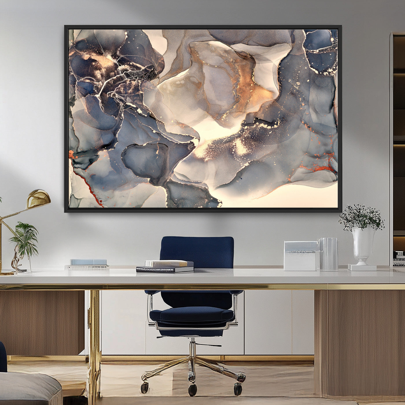 18202-MGV-FC-36X24_Black-Abstract Neutral Wall Art – Blue, Beige and Gold Fluid Ink Canvas Print, Modern Minimalist Painting for Living Room, Office