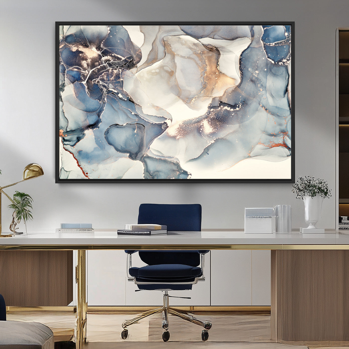 51497-MGV-FC-36X24_Black-Abstract Blue and Gold Wall Art – Modern Fluid Ink Style Canvas Print, Elegant Contemporary Decor for Living Room, Office