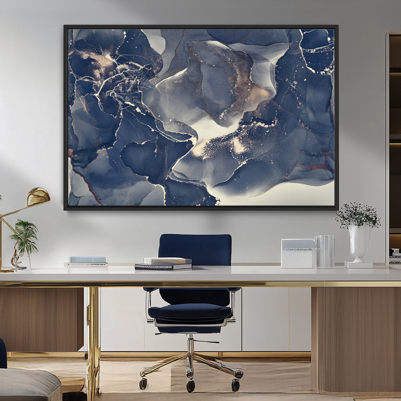 28282-MGV-CV-36X24-Blue Abstract Wall Art – Modern Ink Swirl Canvas Print, Contemporary Navy and Gold Painting for Living Room, Bedroom, Office or