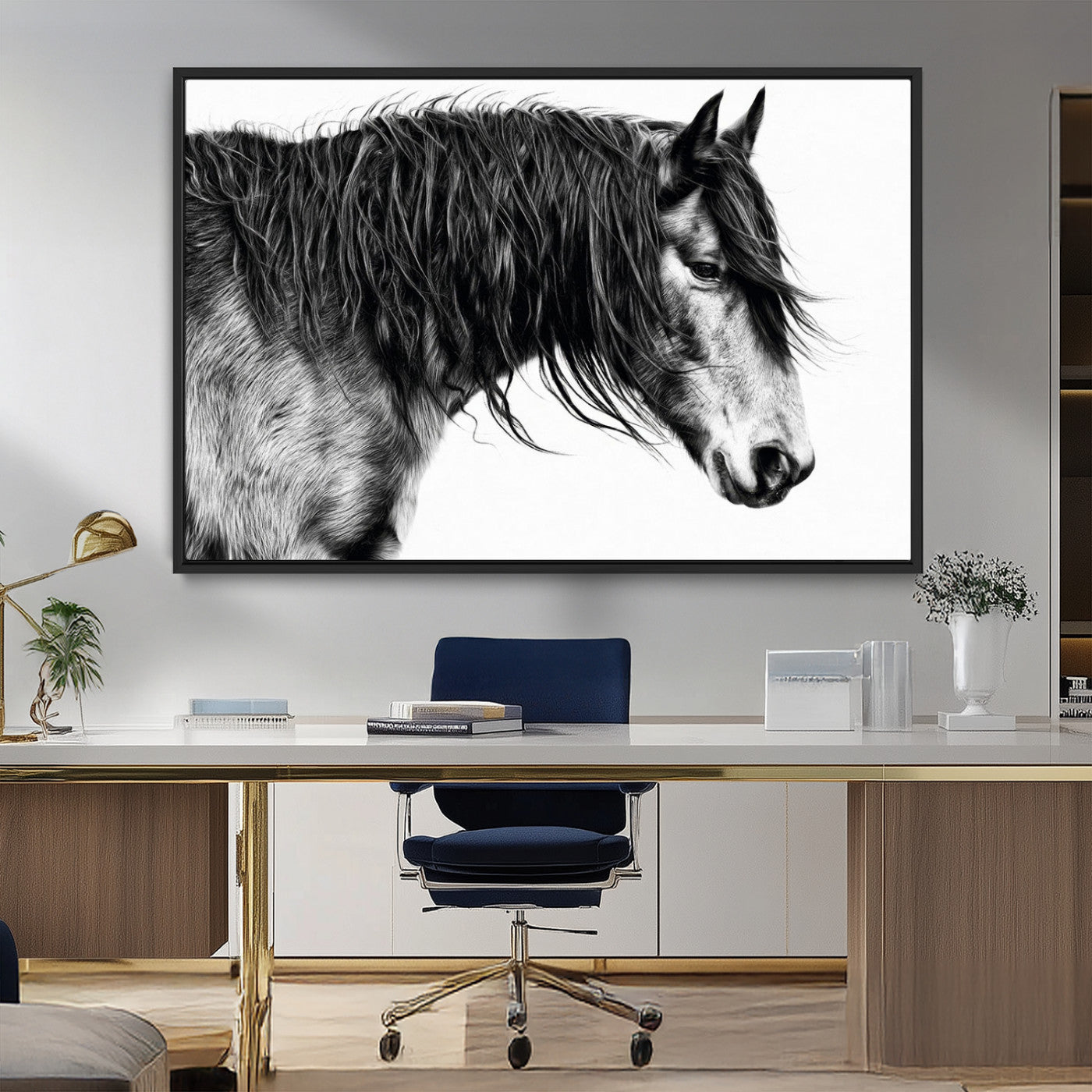 57694-MGV-FC-36X24_Black-Horse Portrait Wall Art – Black and White Canvas Print with Detailed Stallion Profile, Rustic Farmhouse Equestrian Artwork for