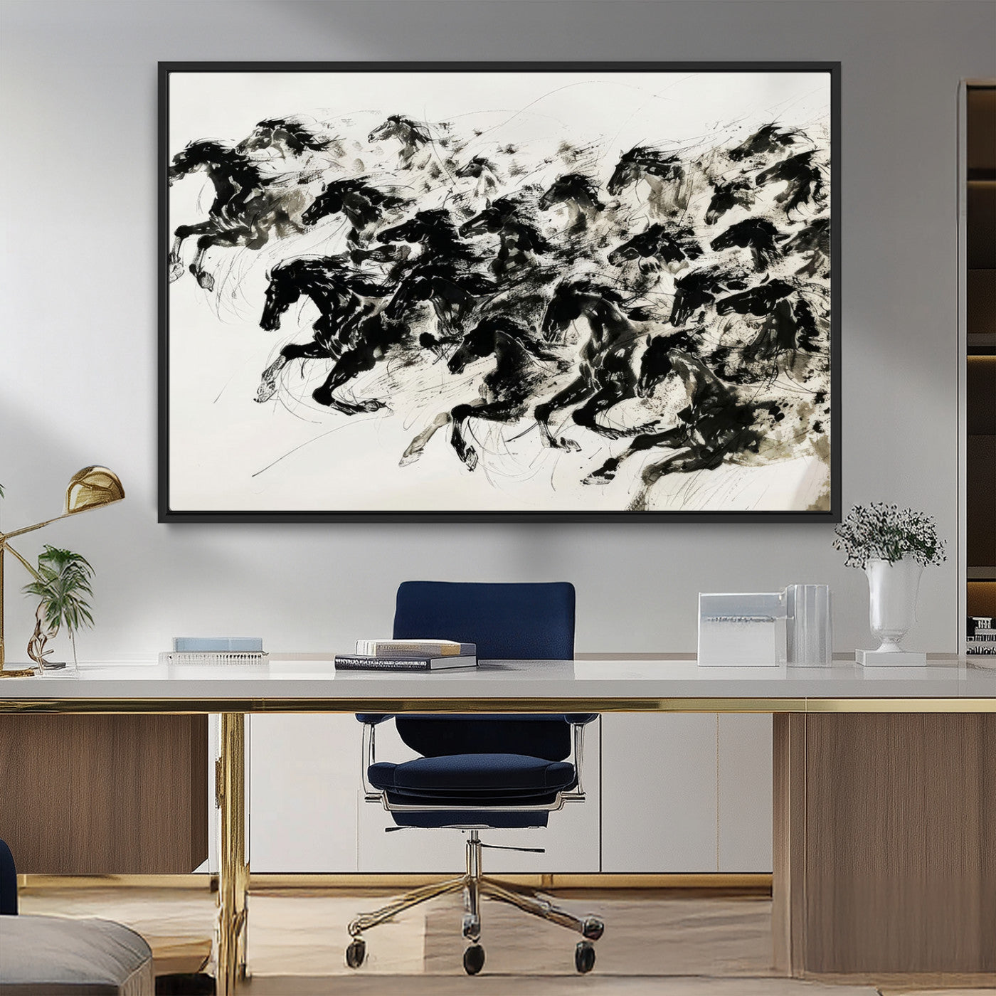23069-MGV-FC-36X24_Black-Galloping Horses Wall Art – Black Ink Painting on Canvas, Dynamic Equestrian Artwork with Running Stallions, Expressive Modern