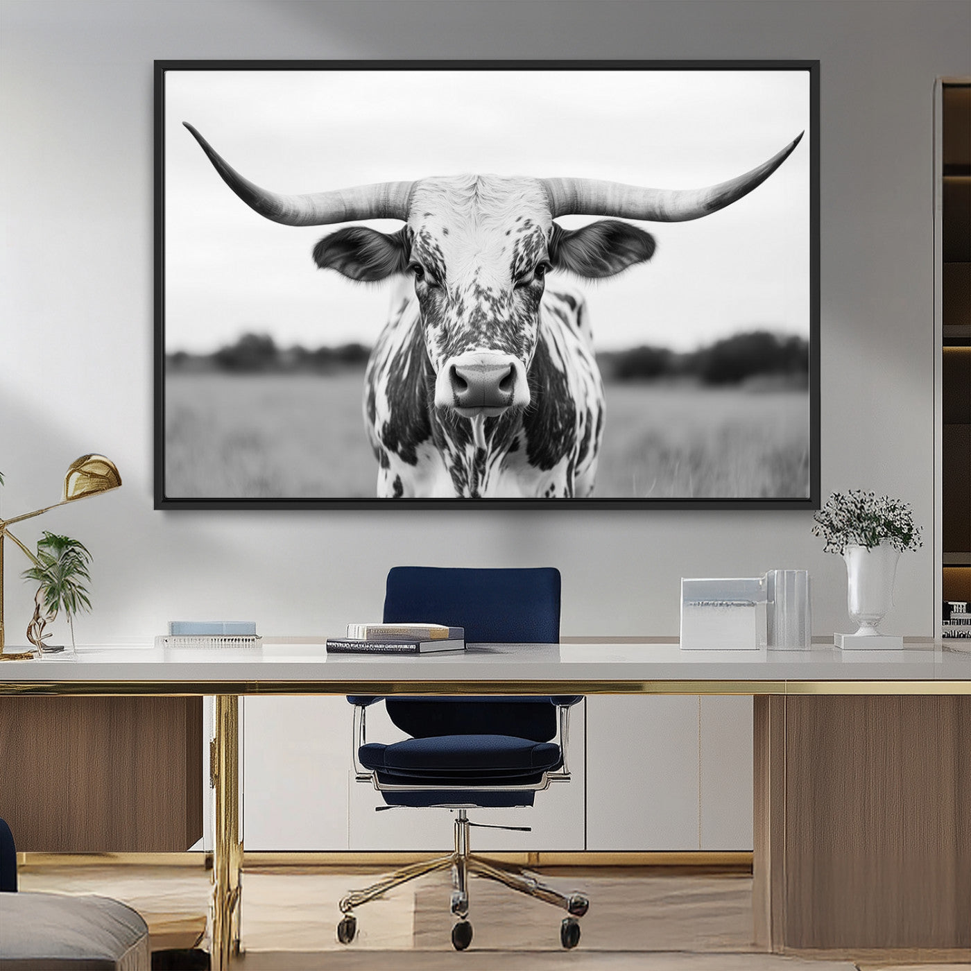 20272-MGV-FC-36X24_Black-Texas Longhorn Wall Art – Black and White Cowboy Western Canvas Print, Rustic Farmhouse Cattle Photography Decor for Ranch, Barn