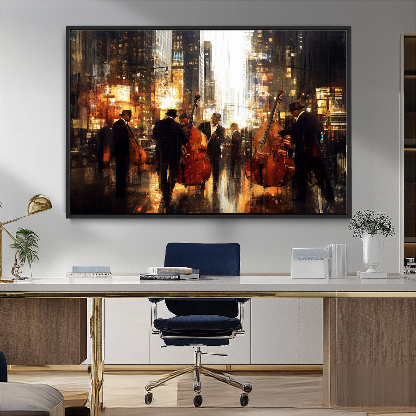 58782-MGV-CV-36X24-Jazz Musicians Cityscape Wall Art – Vibrant Urban Night Canvas Print, Elegant Music Themed Decor for Living Room, Office, or Music