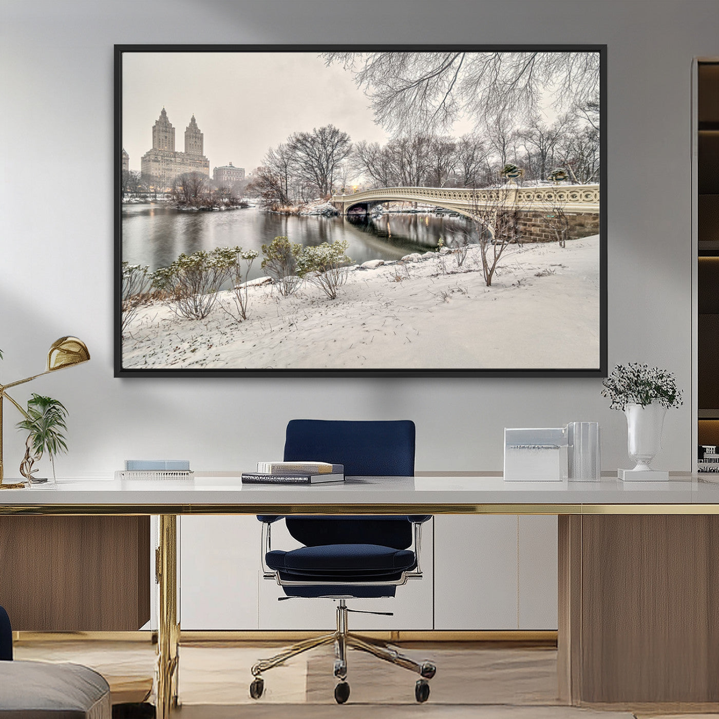 60292-MGV-FC-36X24_Black-Central Park Winter Wall Art – Snowy Bow Bridge Canvas Print, Scenic New York City Landscape Photography for Living Room, Bedroom