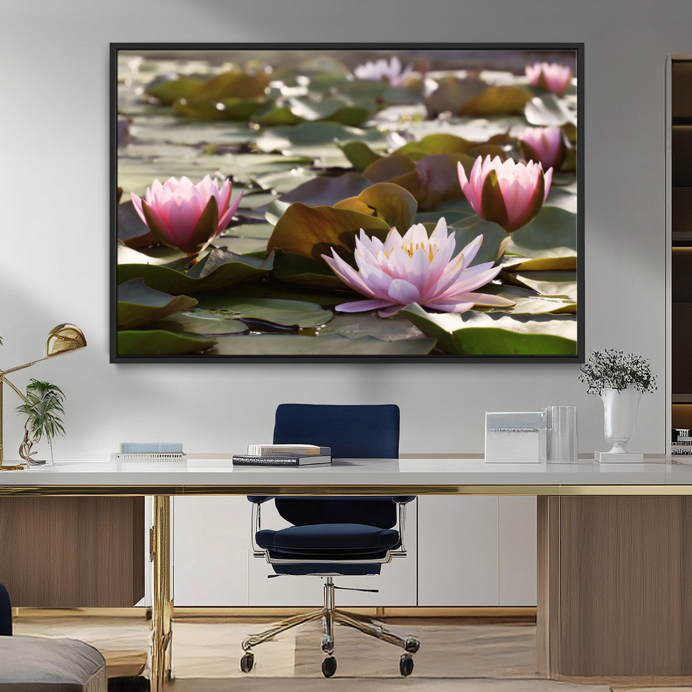 72218-MGV-FC-36X24_Black-Water Lily Pond Wall Art – Pink Lotus Flowers Canvas Print with Green Lily Pads, Peaceful Botanical Artwork for Living Room,