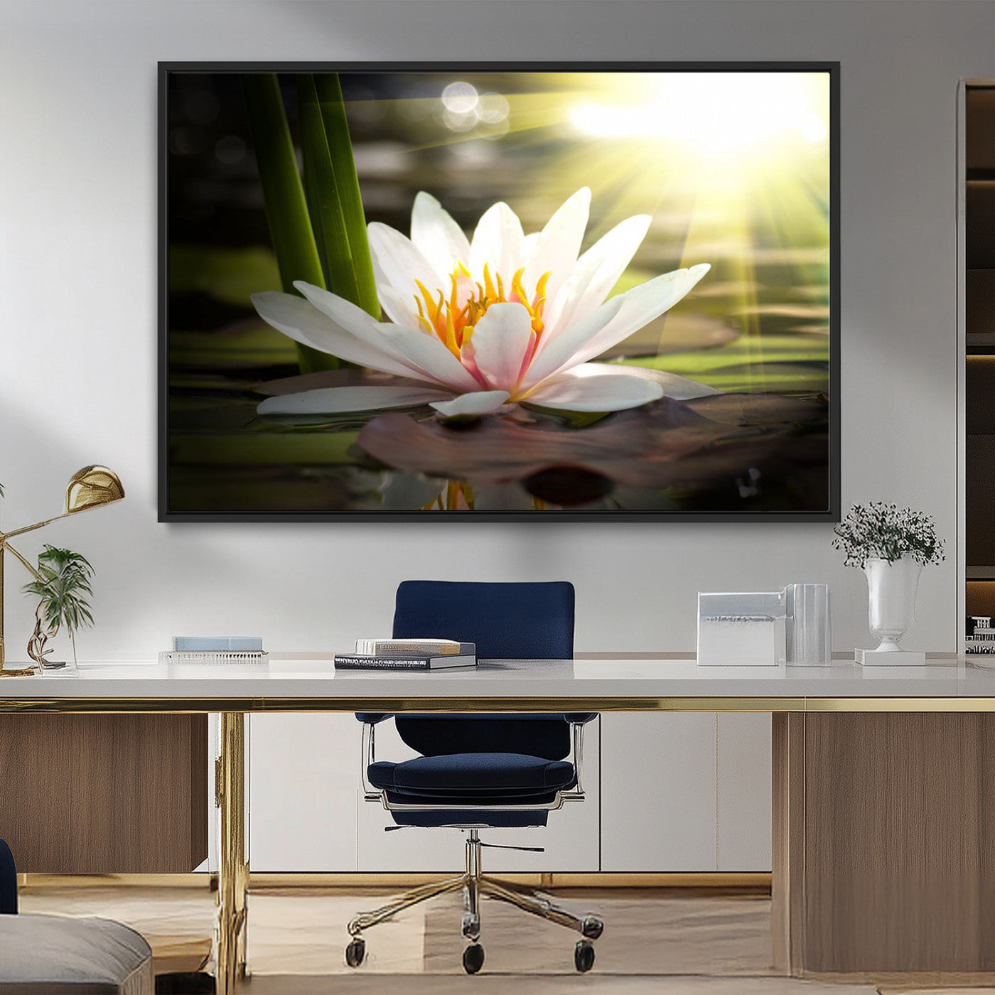 60352-MGV-FC-36X24_Black-White Water Lily Wall Art – Lotus Flower Canvas Print with Sunlight Reflection, Peaceful Botanical Artwork for Living Room,