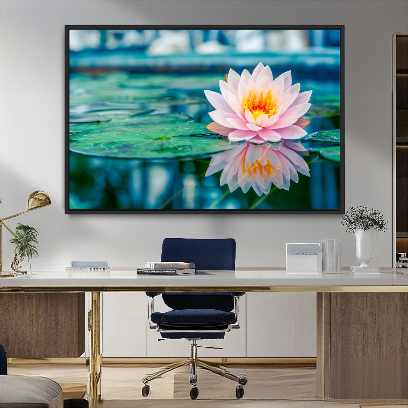 30320-MGV-FC-36X24_Black-Pink Water Lily Wall Art – Lotus Flower Canvas Print with Reflection Water, Peaceful Botanical Artwork for Living Room, Bedroom,
