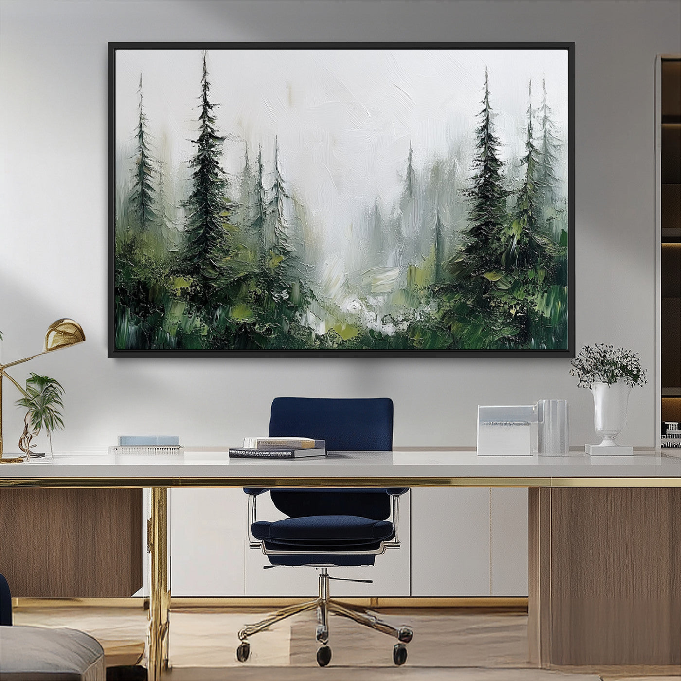 76014-MGV-FC-36X24_Black-Forest Wall Art – Textured Canvas Print Featuring Misty Evergreen Pines and Woodland Landscape, Rustic Nature Artwork for Living