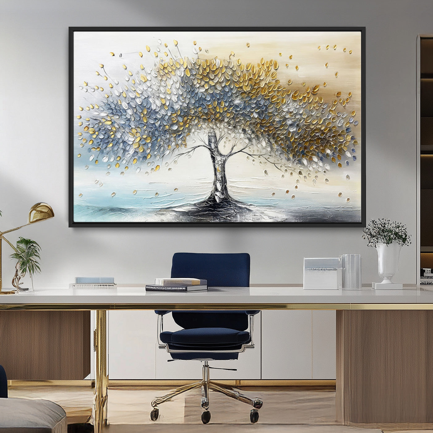 24771-MGV-CV-36X24-Silver Tree Wall Art Canvas Print, Framed Golden Leaves Art Picture Print, Metallic Tree Perfect Minimalist Luxury Decor Artwork