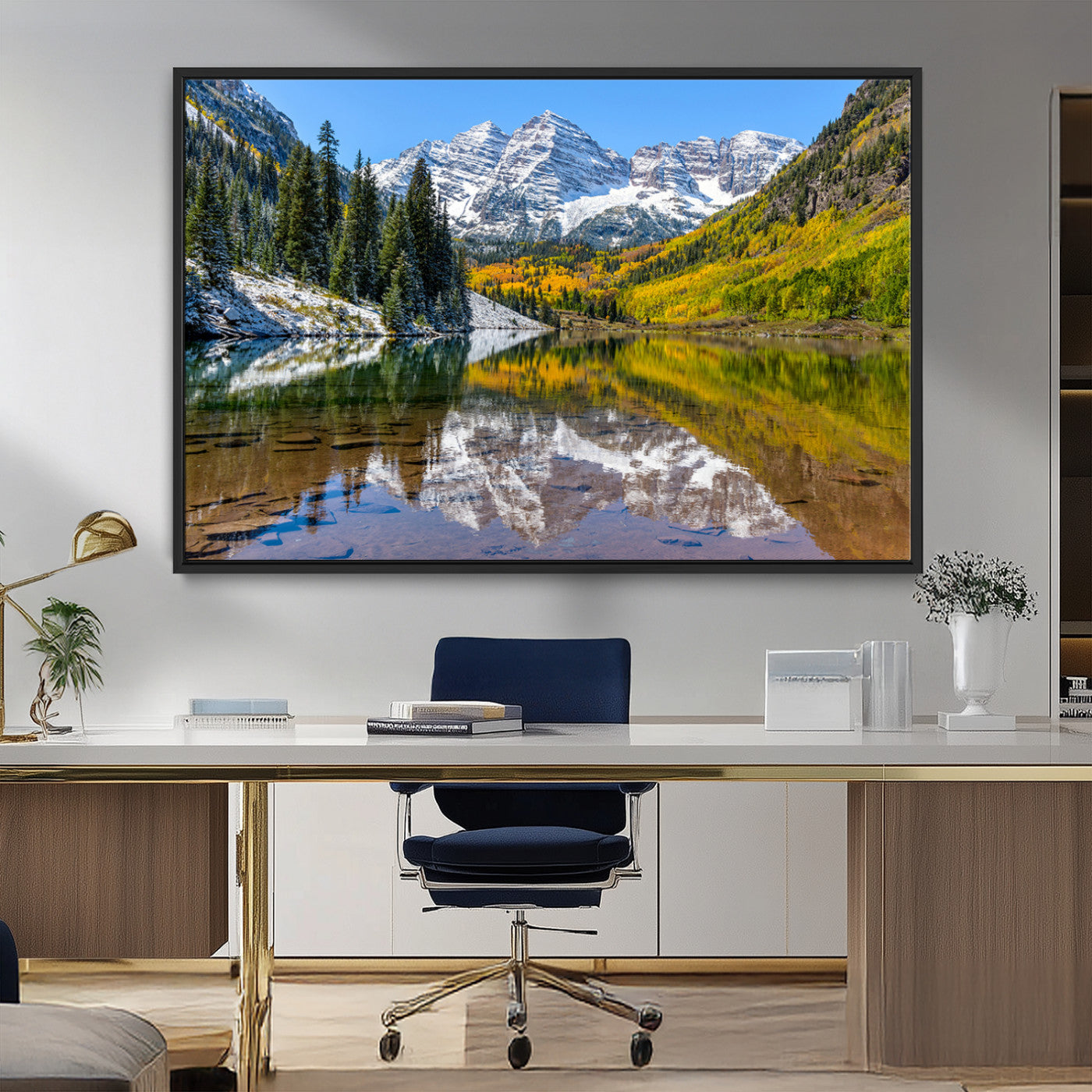 87724099-MGV-FC-36X24_Black-Maroon Bells Wall Art Canvas Print, Framed Snowy Mountains Art Picture Print, Pine Forest Perfect Vibrant Alpine Decor Artwork