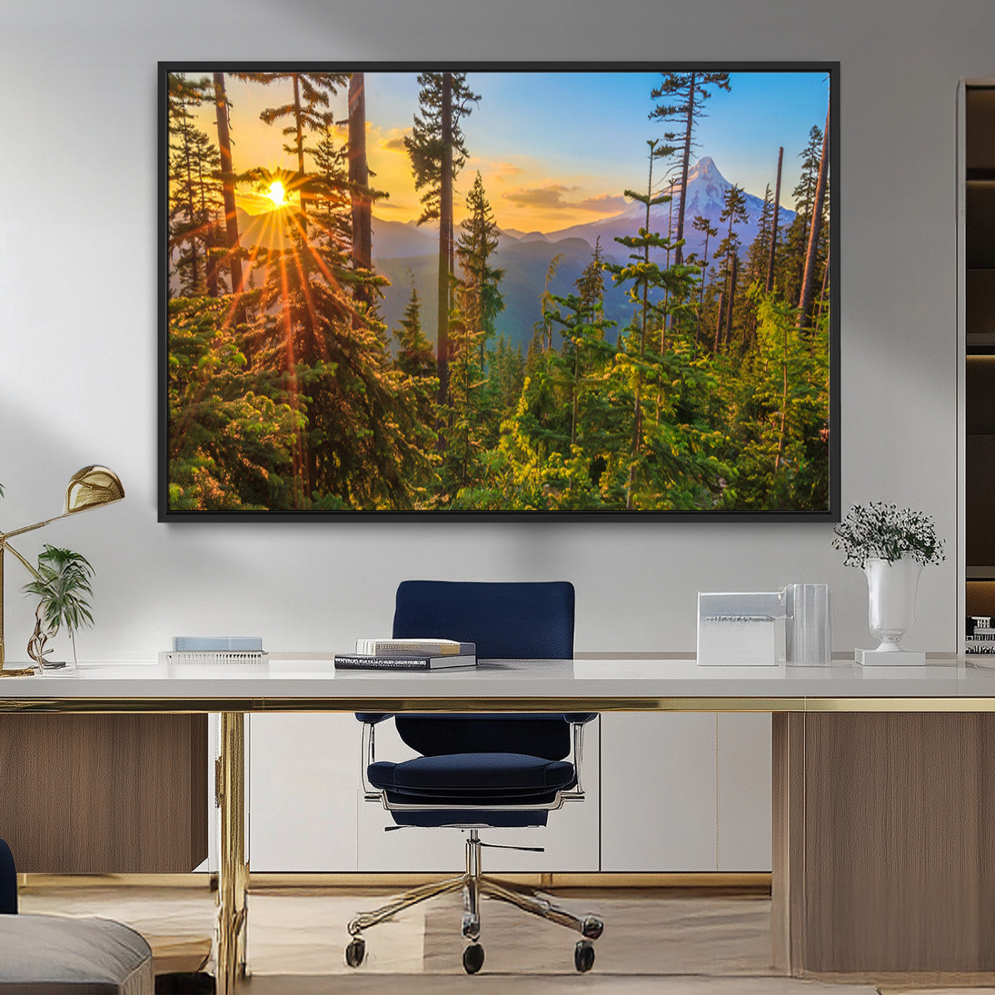 83544043-MGV-FC-36X24_Black-Forest Sunset Wall Art Canvas Print, Framed Sunset Trees Art Picture Print, Green Pines Perfect Rustic Nature Decor Artwork