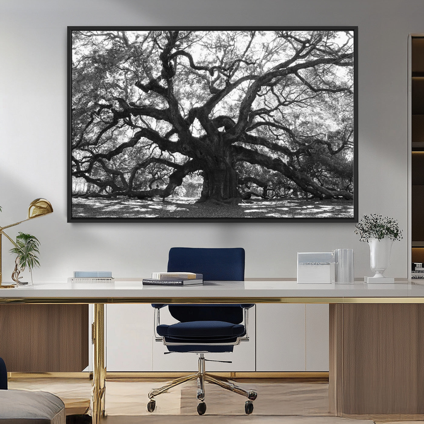 81655611-MGV-FC-36X24_Black-Ancient Oak Wall Art Canvas Print, Framed Twisted Branches Art Picture Print, Gnarled Tree Perfect Moody Nature Decor Artwork