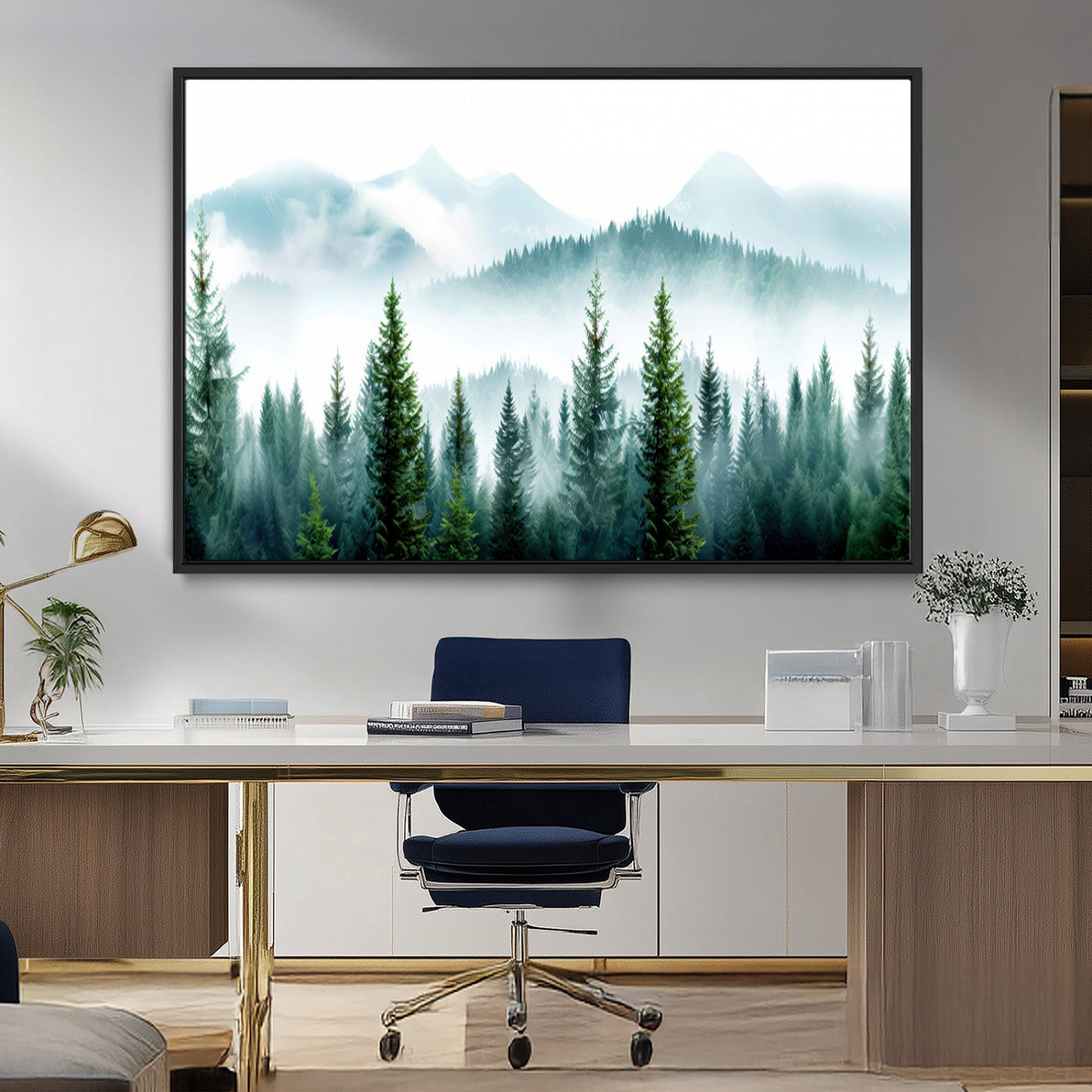 16716676-MGV-CV-36X24-Pine Forest Wall Art Canvas Print, Framed Misty Mountains Art Picture Print, Foggy Trees Perfect Moody Forest Decor Artwork