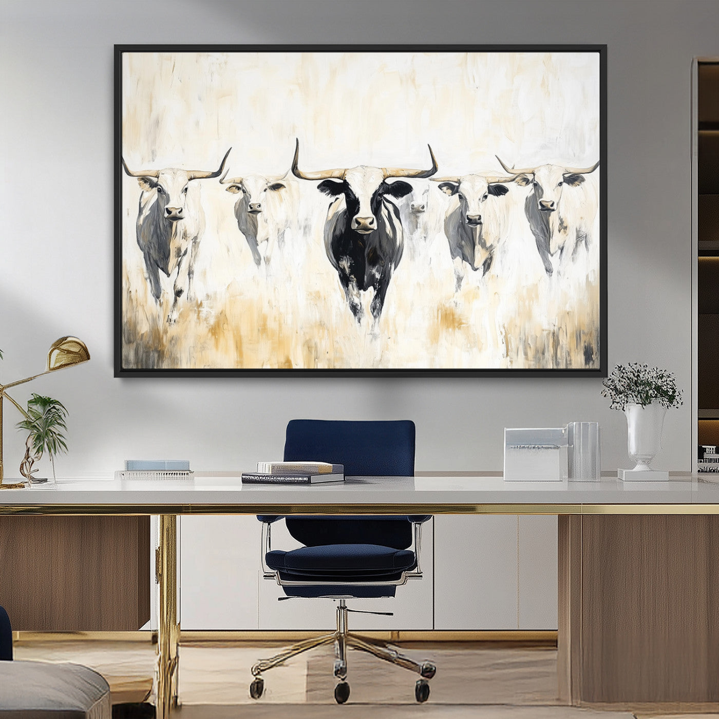 40397799-MGV-CV-36X24-Texas Longhorn Wall Art Canvas Print, Framed Rustic Herd Art Picture Print, Western Bull Perfect Neutral Western Decor Artwork