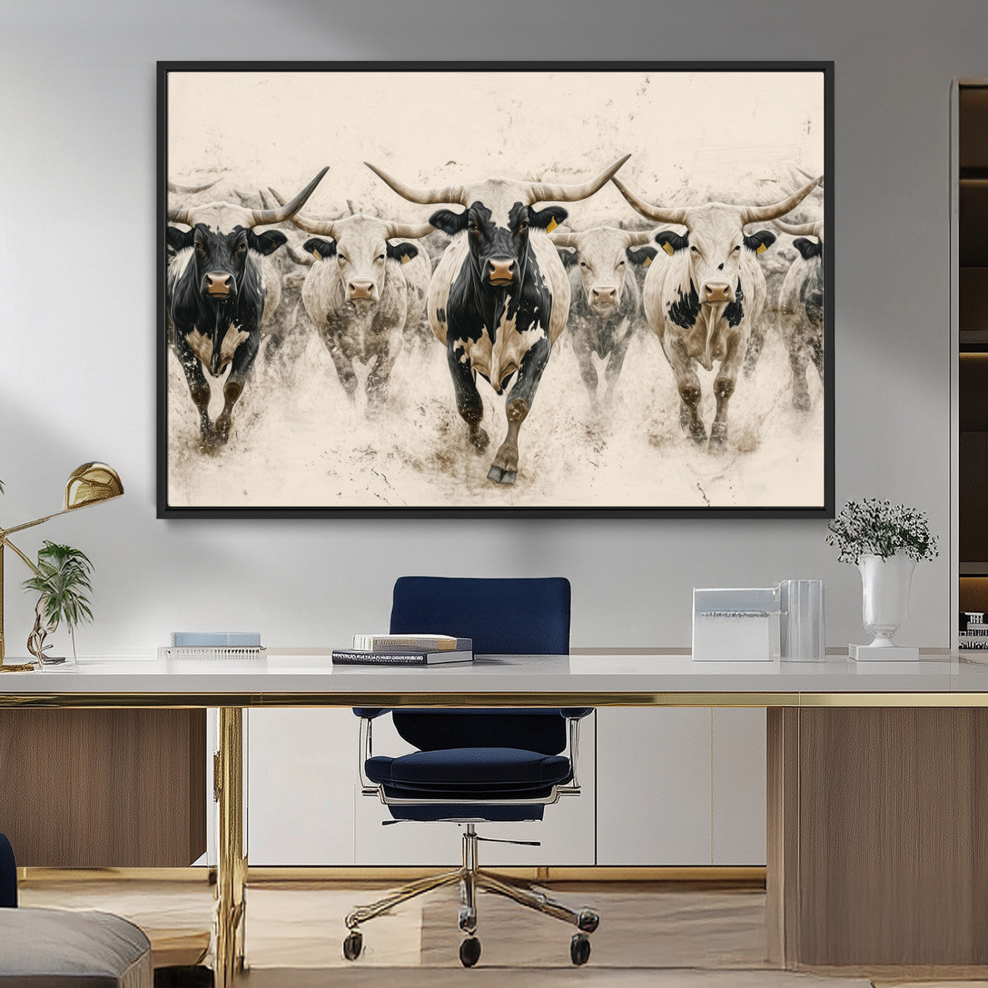 61538944-MGV-FC-36X24_Black-Texas Longhorn Wall Art Canvas Print, Framed Cattles Walking Art Picture Print, Black White Bulls Perfect Rustic Western Decor