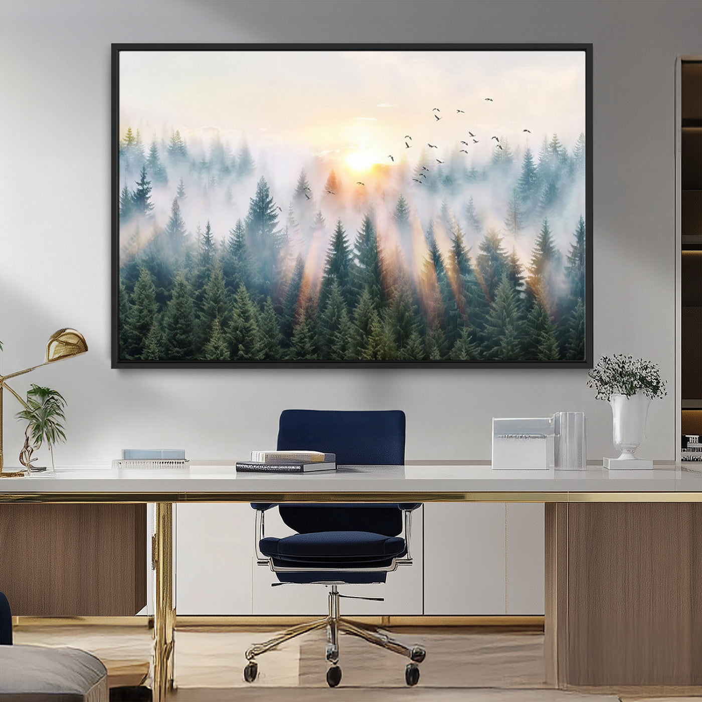 92718976-MGV-FC-36X24_Black-Misty Forest Wall Art Canvas Print, Framed Sunrise Pines Art Picture Print, Foggy Woodland Perfect Moody Woodland Decor Artwork