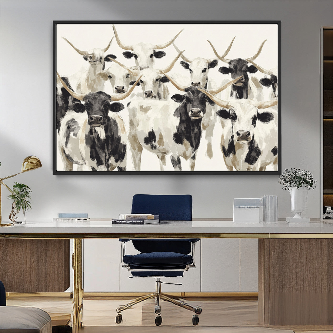 52947970-MGV-CV-36X24-Texas Longhorn Wall Art Canvas Print, Framed Cattle Herd Art Picture Print, Herd Portrait Perfect Modern Farmhouse Decor Artwork