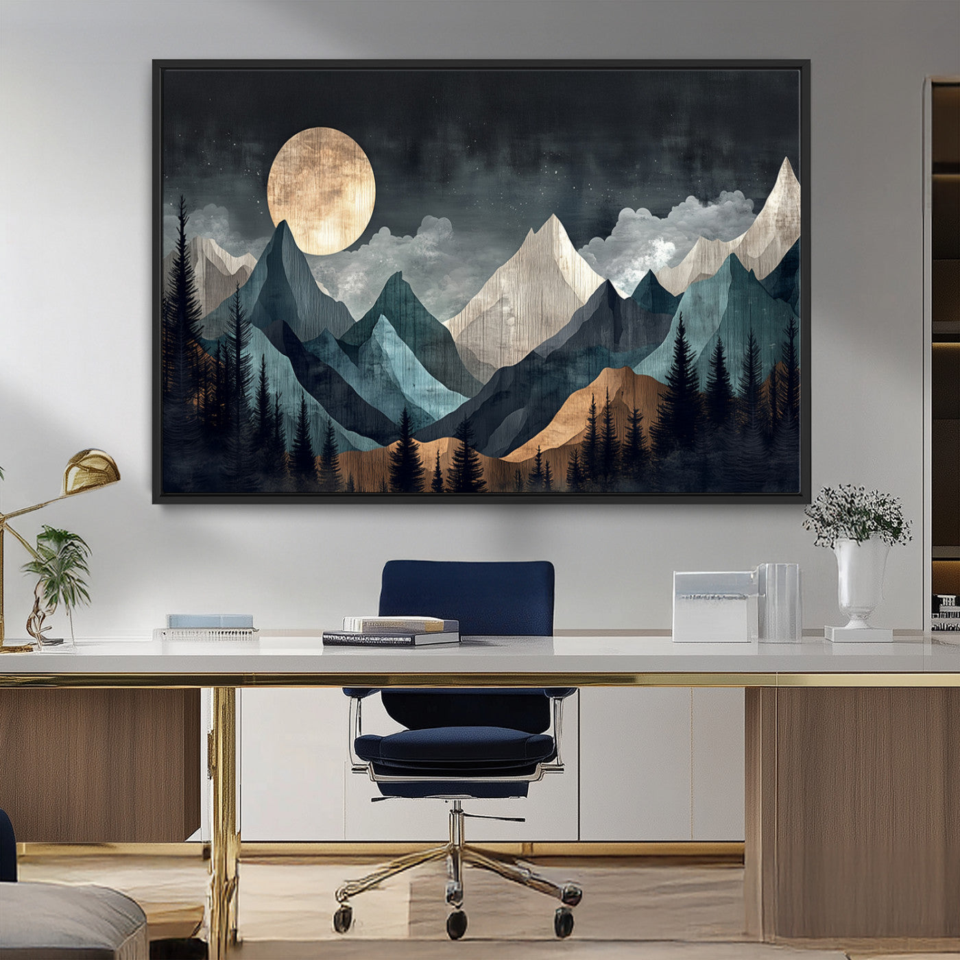 11060882-MGV-CV-36X24-Moonlit Mountains Wall Art Canvas Print, Framed Forest Silhouette Art Picture Print, Night Landscape Perfect Modern Forest Decor