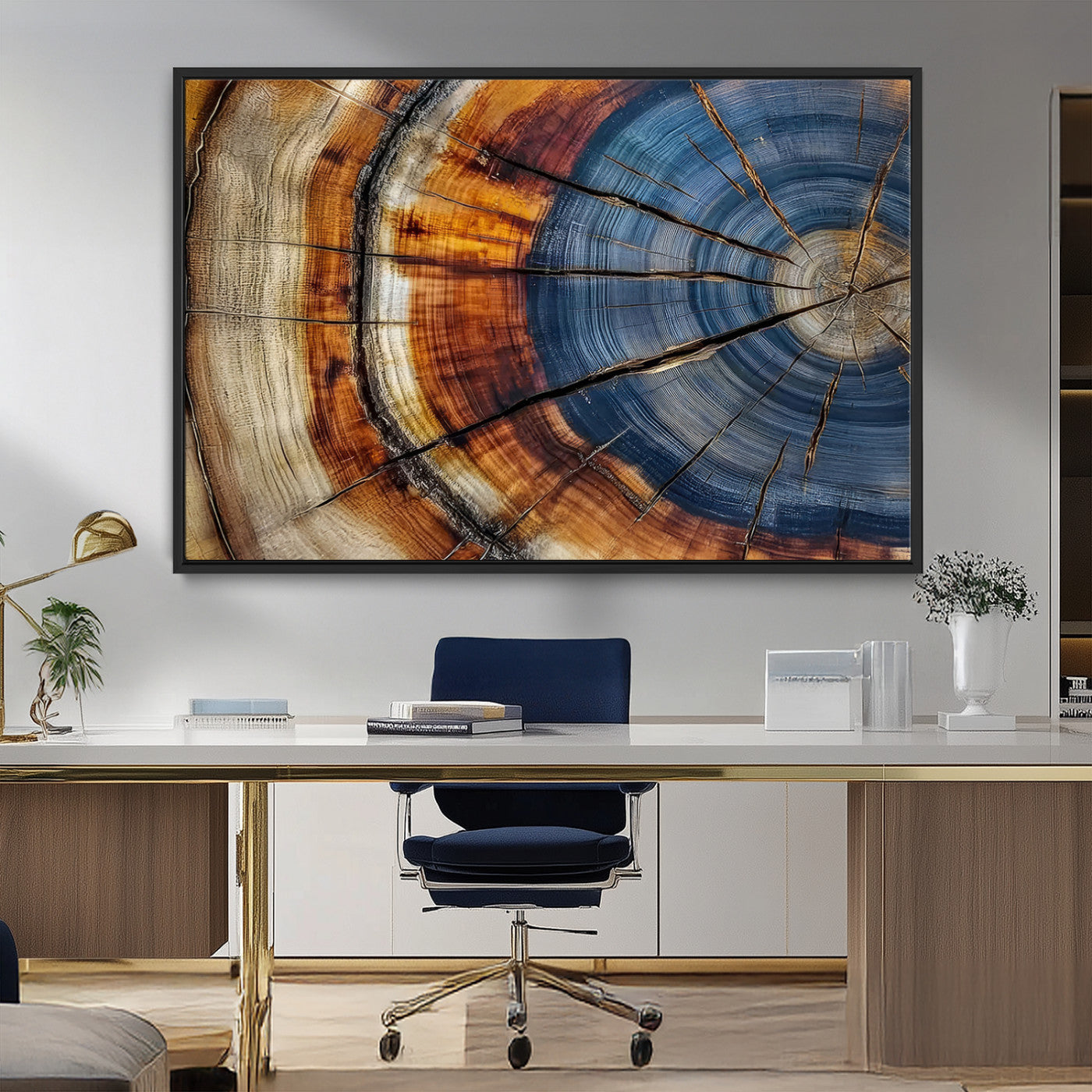 18032999-MGV-CV-36X24-Tree Ring Wall Art – Blue Brown Abstract Wood Slice Canvas Print, Rustic Modern Nature Decor for Living Room, Office, Bedroom or