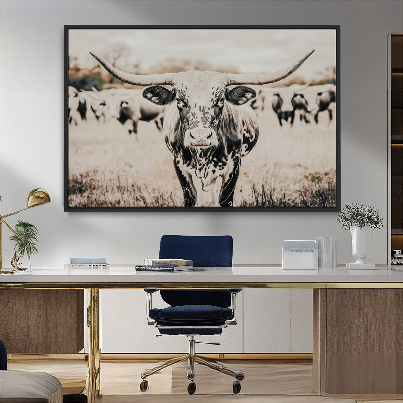 27497342-MGV-CV-36X24-Texas Longhorn Wall Art Canvas Print, Framed Speckled Cow Art Picture Print, Horned Cattle Perfect Rustic Western Decor Artwork