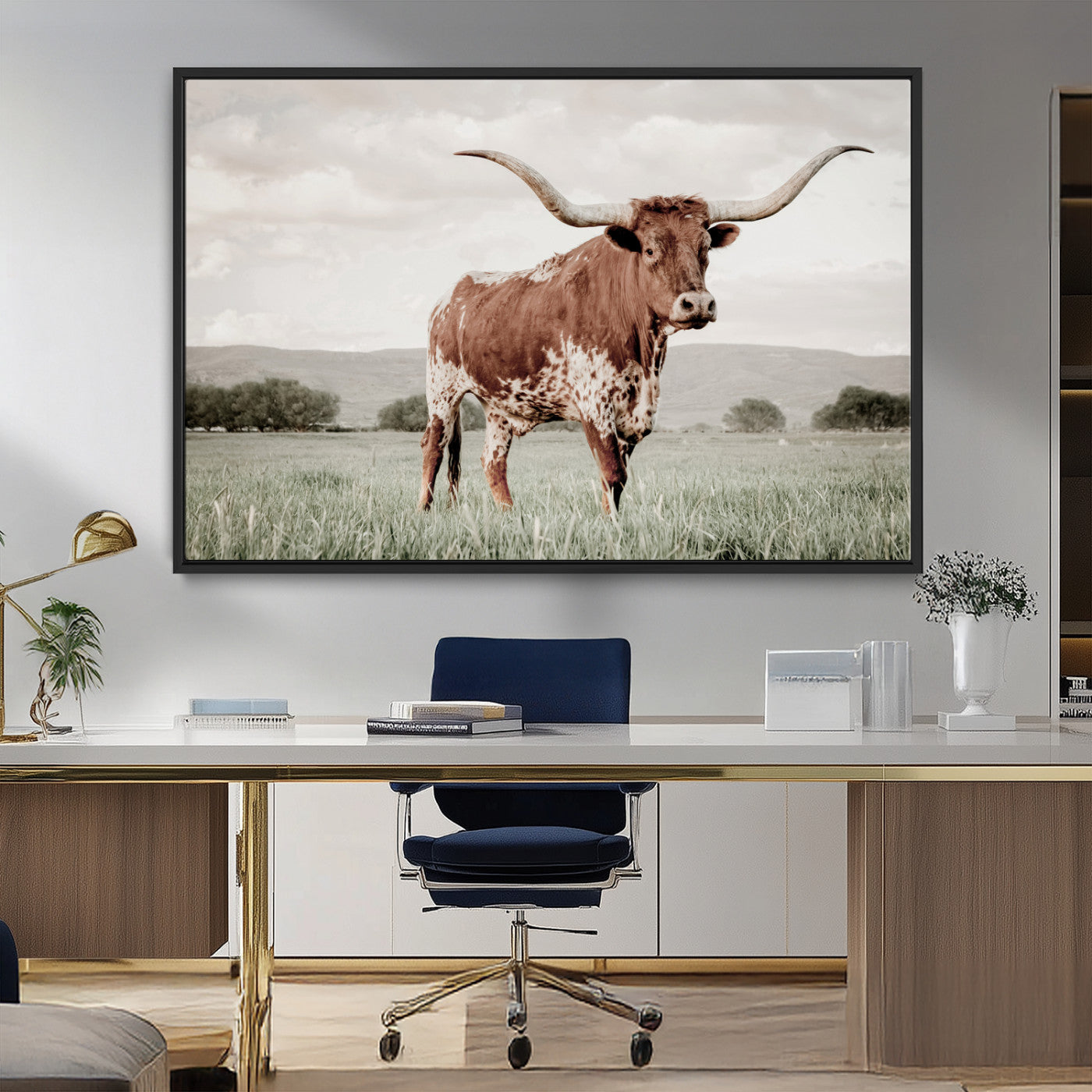 28309012-MGV-FC-36X24_Black-Texas Longhorn Wall Art Canvas Print, Framed Spotted Cattle Art Picture Print, Horned Bull Perfect Rustic Western Decor Artwork