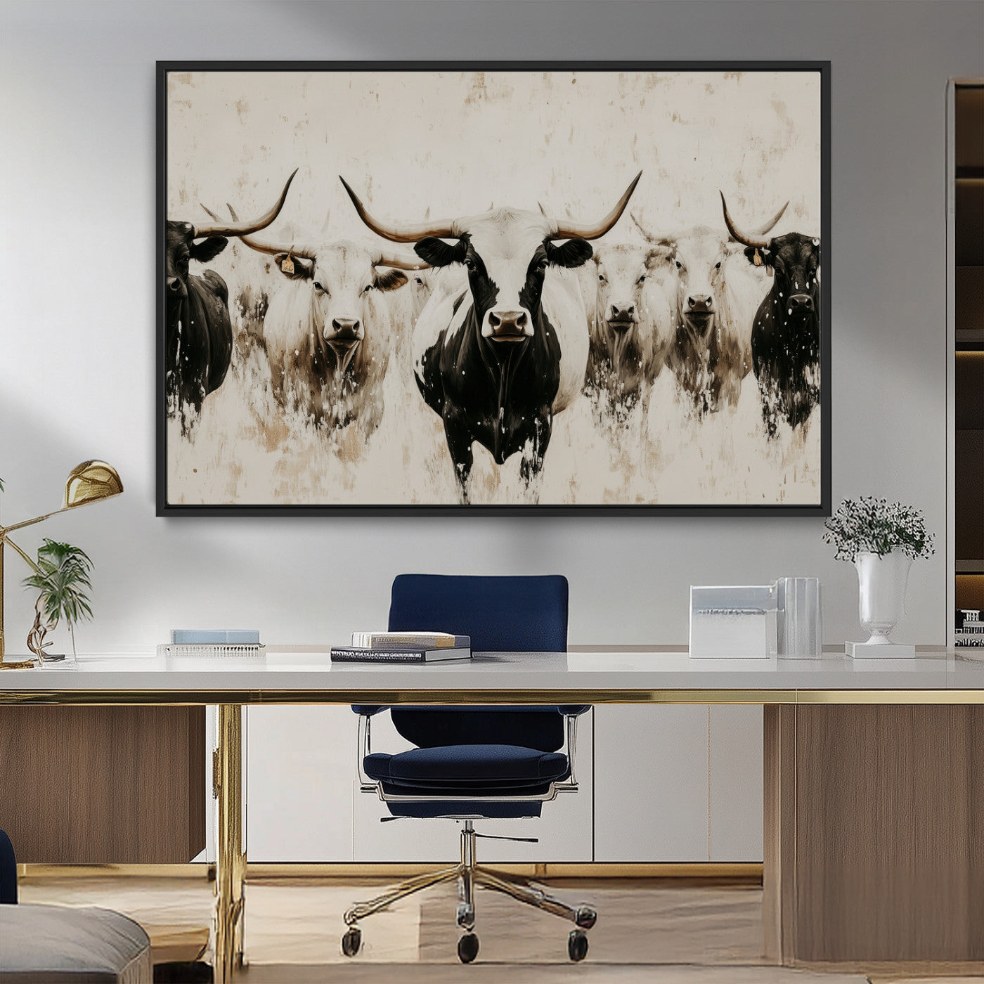 12027562-MGV-FC-36X24_Black-Longhorn Cattle Wall Art Canvas Print, Framed Bison Herd Art Picture Print, Cattle Group Perfect Rustic Farmhouse Decor Artwork